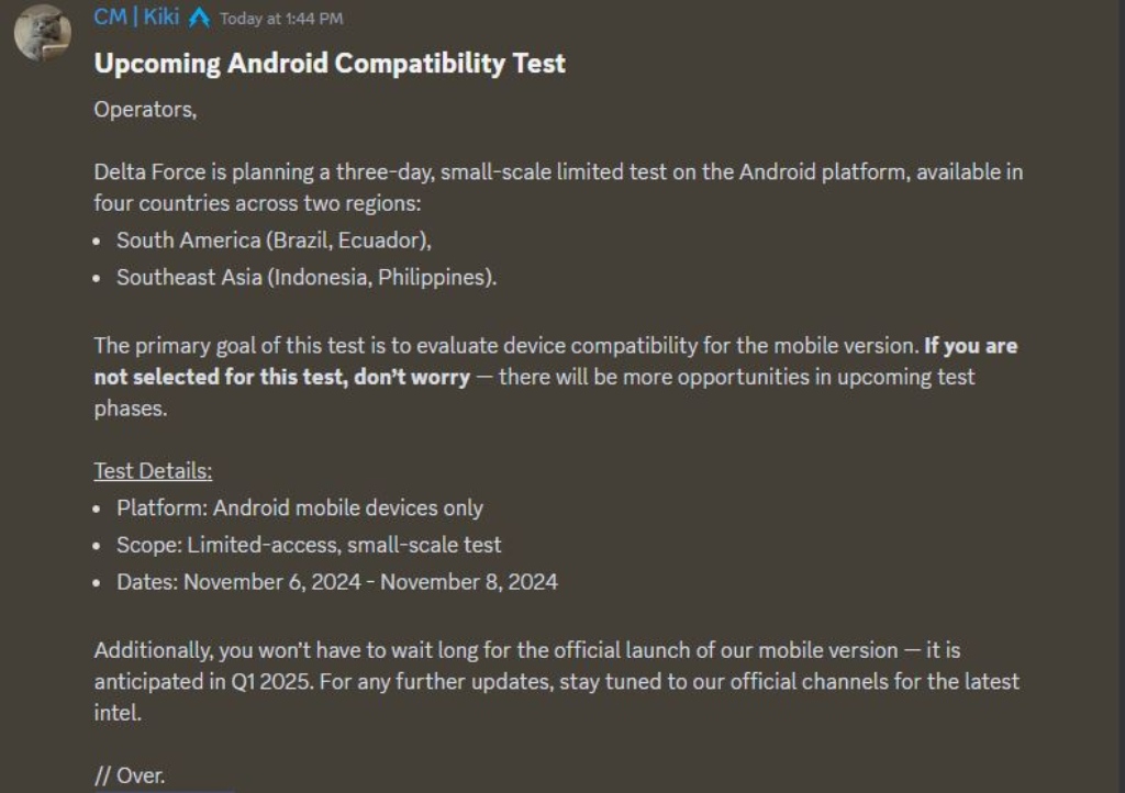 Delta Force Android Compatibility Test Announcement