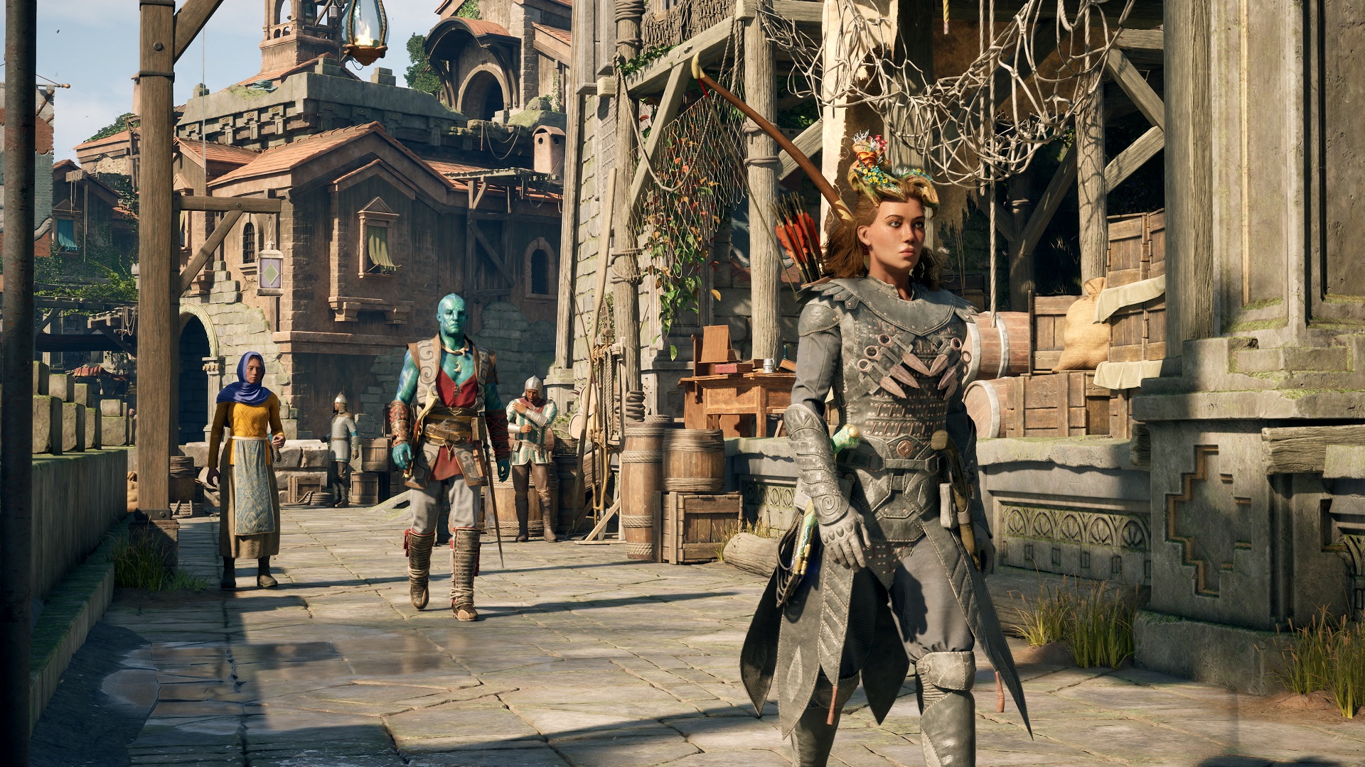 Avowed screenshot of the player character walking through a town accompanied by companion Kai