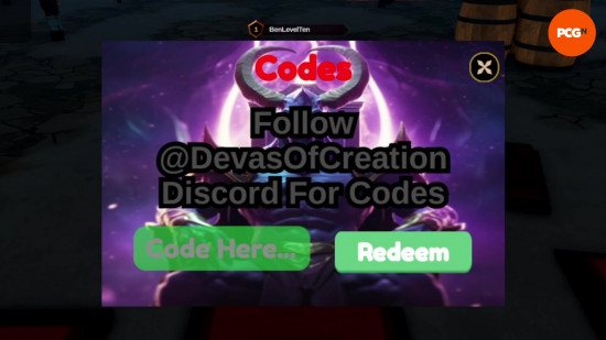 The menu to redeem Devas of Creation codes