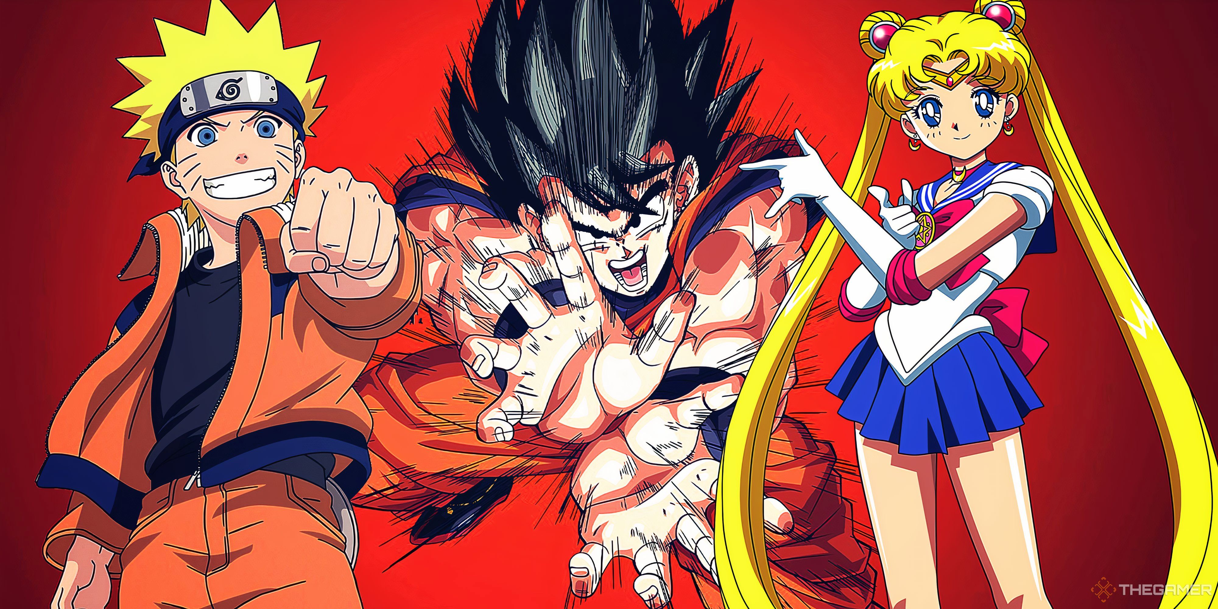 Naruto, Goku, and Sailor Moon on a red background.