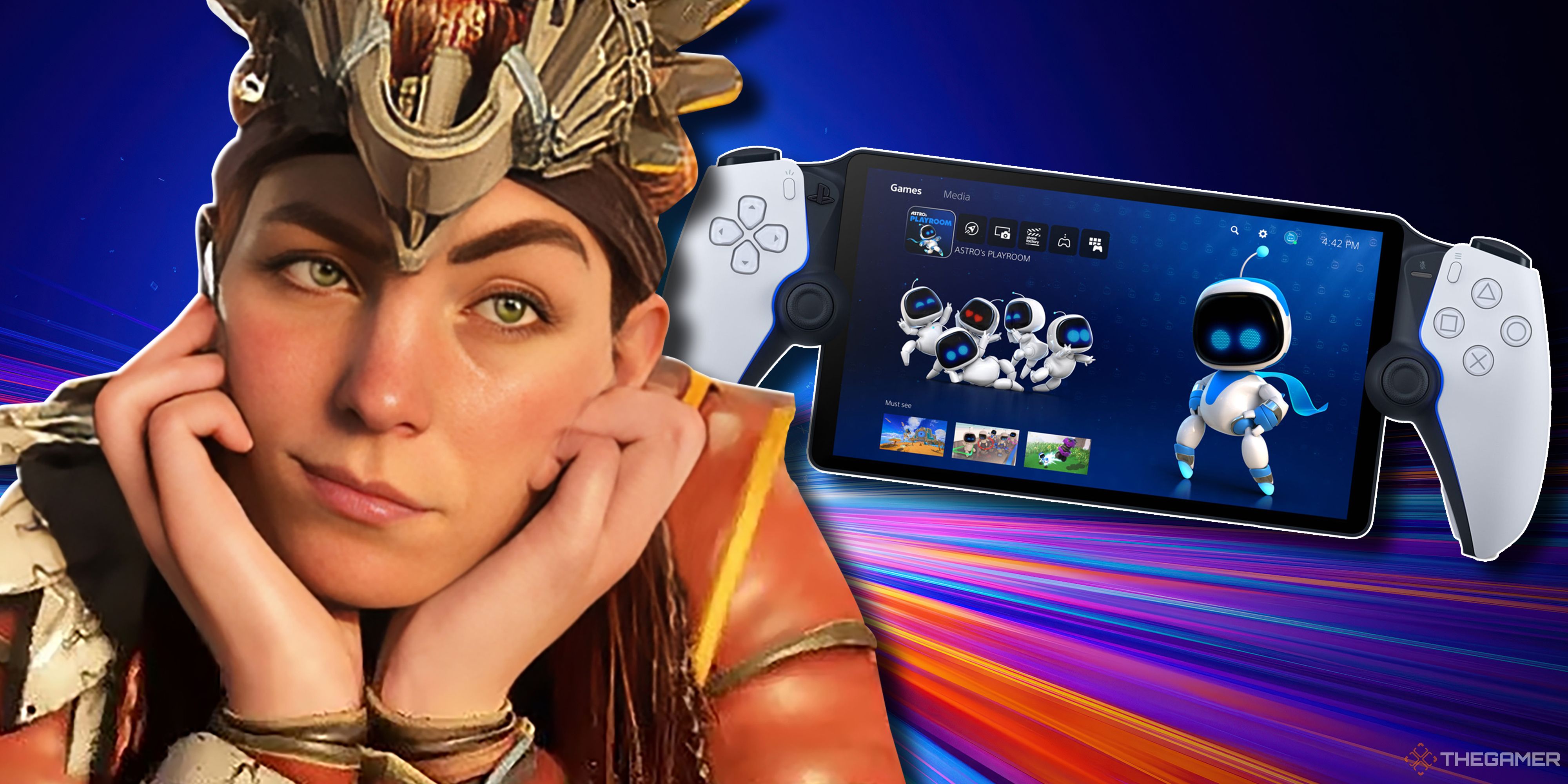 Aloy from Horizon Zero Dawn looking skeptically at a PlayStation Portal.