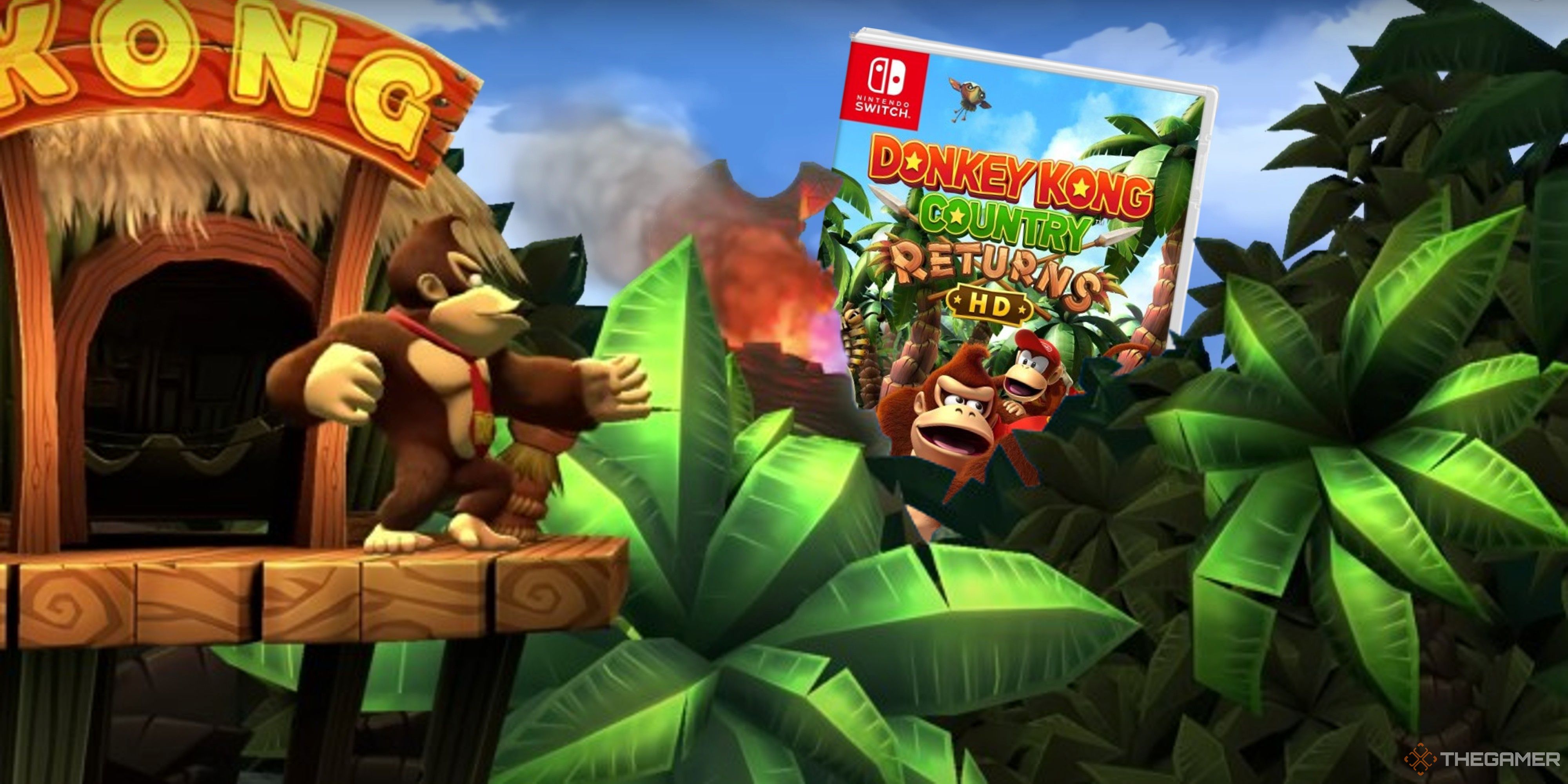 donkey kong looking at a copy of donkey kong country returns hd emerging from the jungle