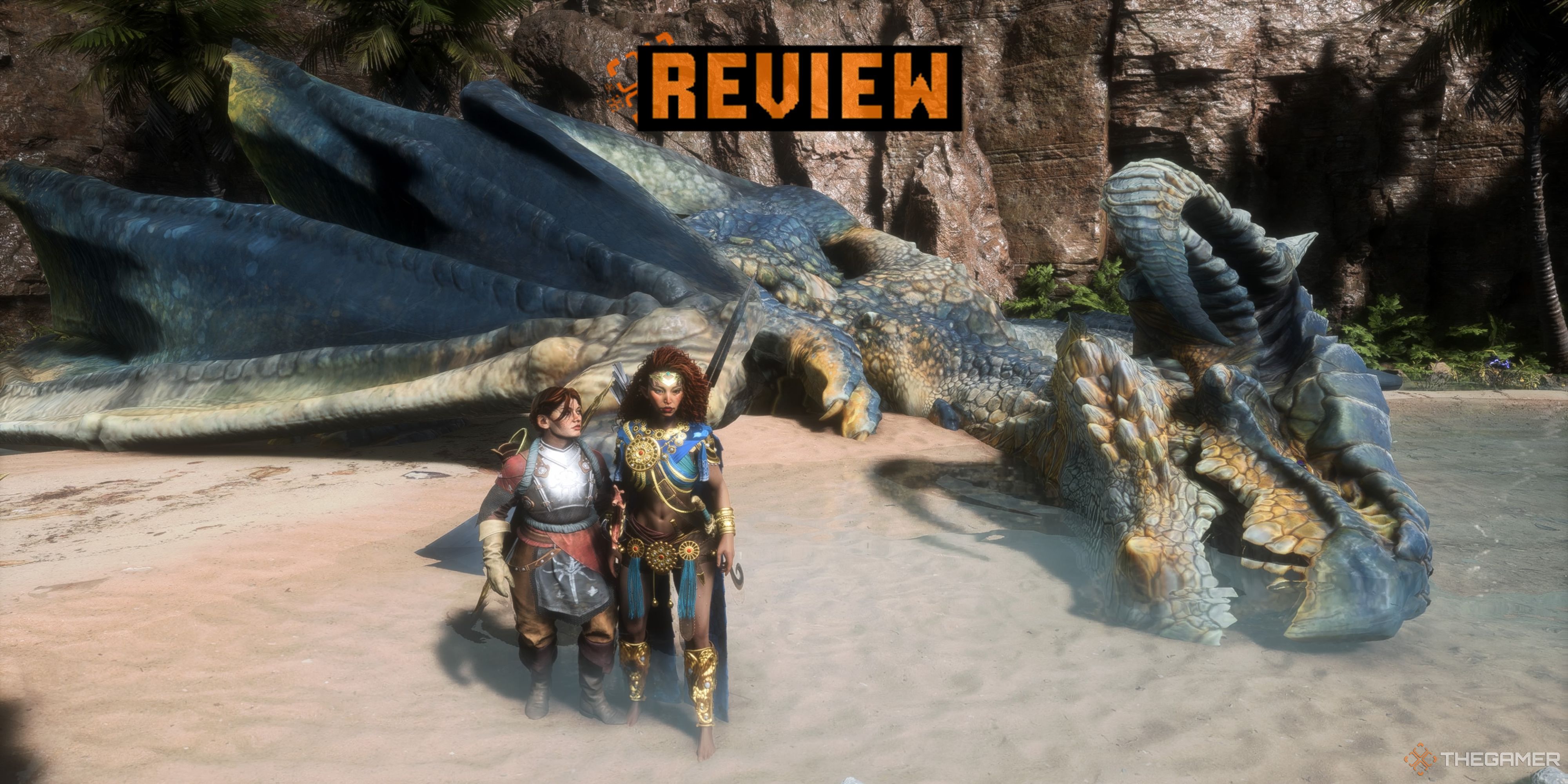 Dragon Age The Veilguard review card showing Harding and Rook on the beach