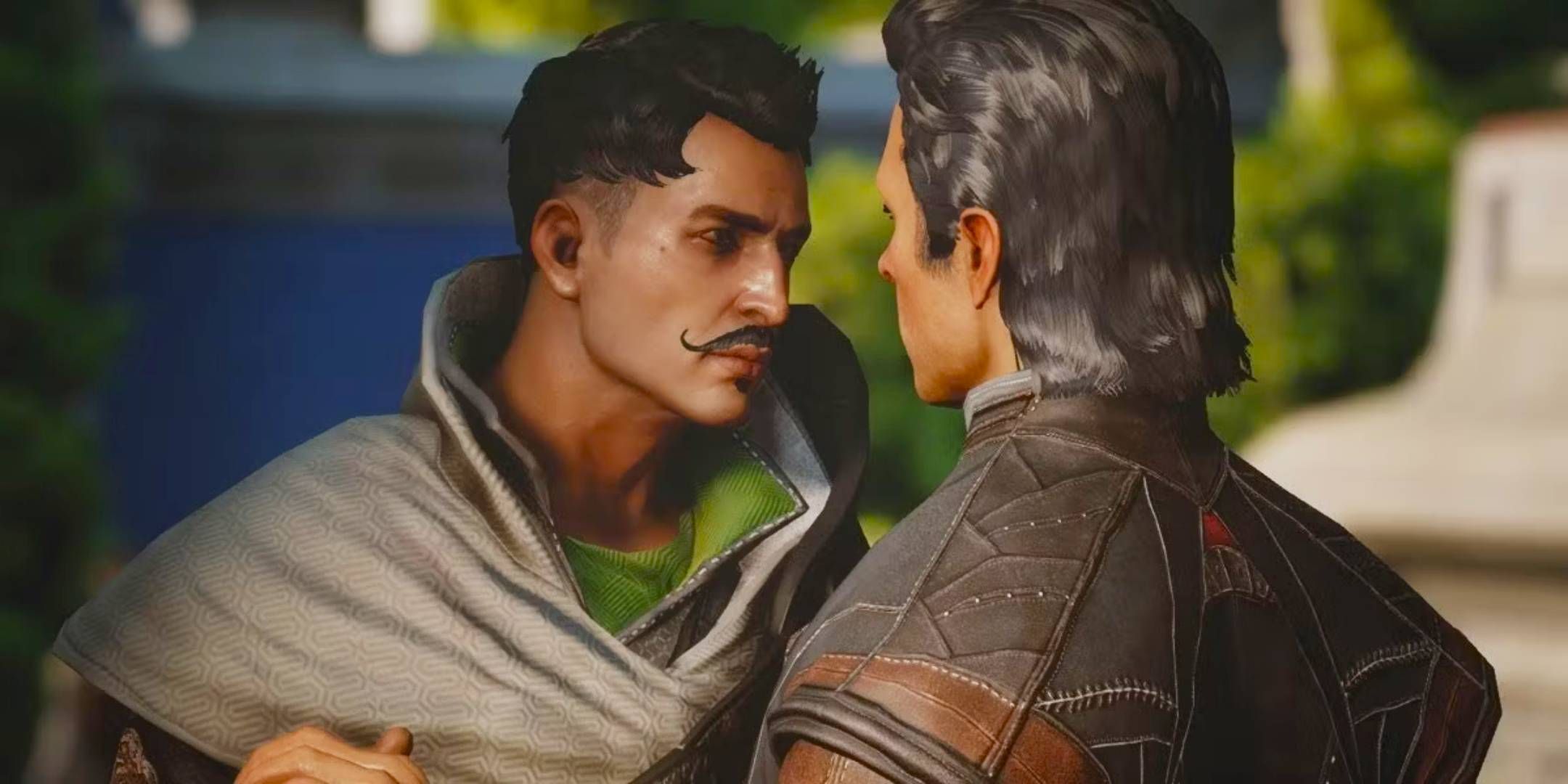 Dorian Pavus and the human male Inquisitor Trevalyan sharing a tender romantic moment together in Dragon Age. Inquisition.