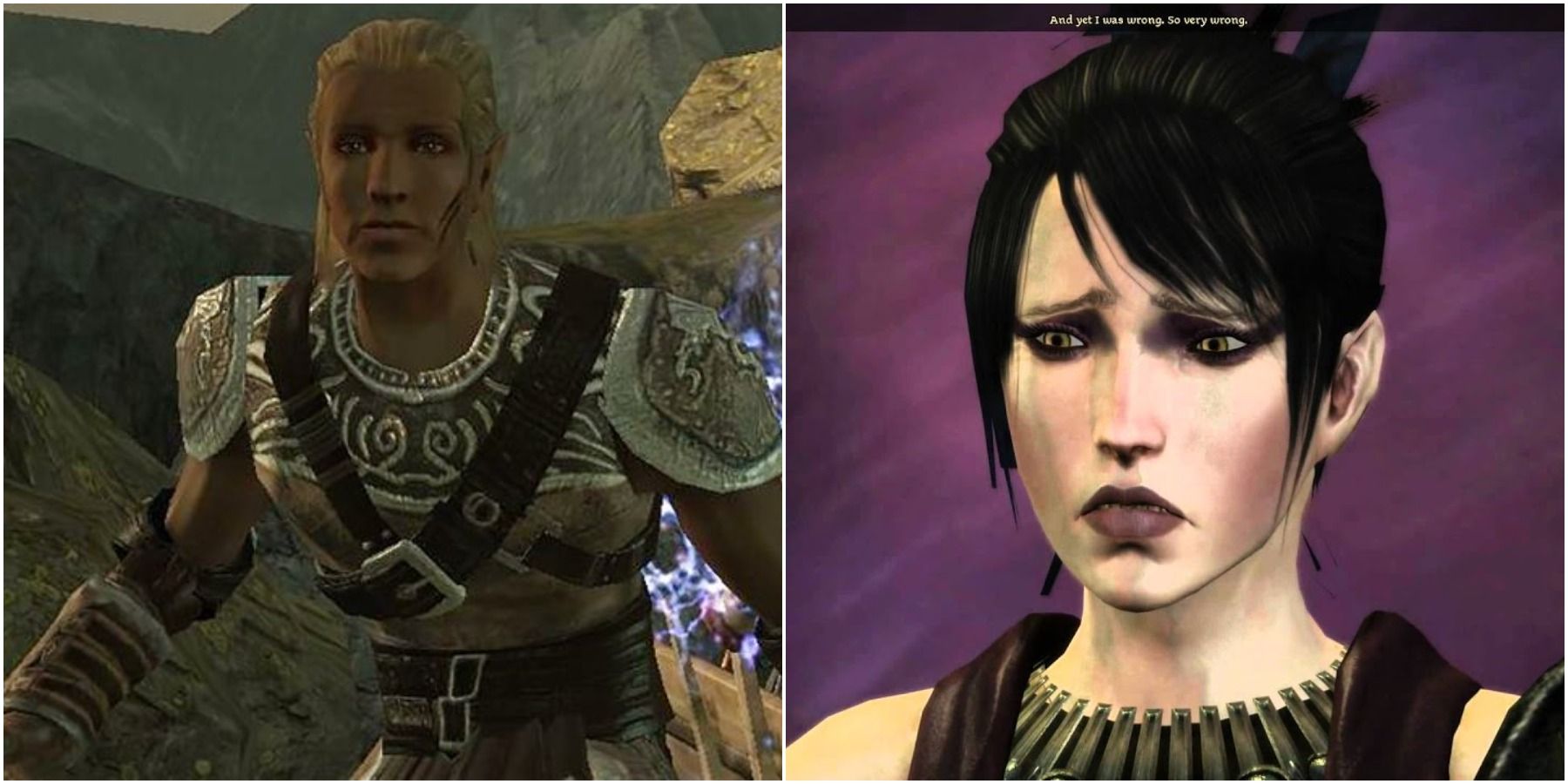 Split image of Zevran with blades out and Morrigan looking sad.