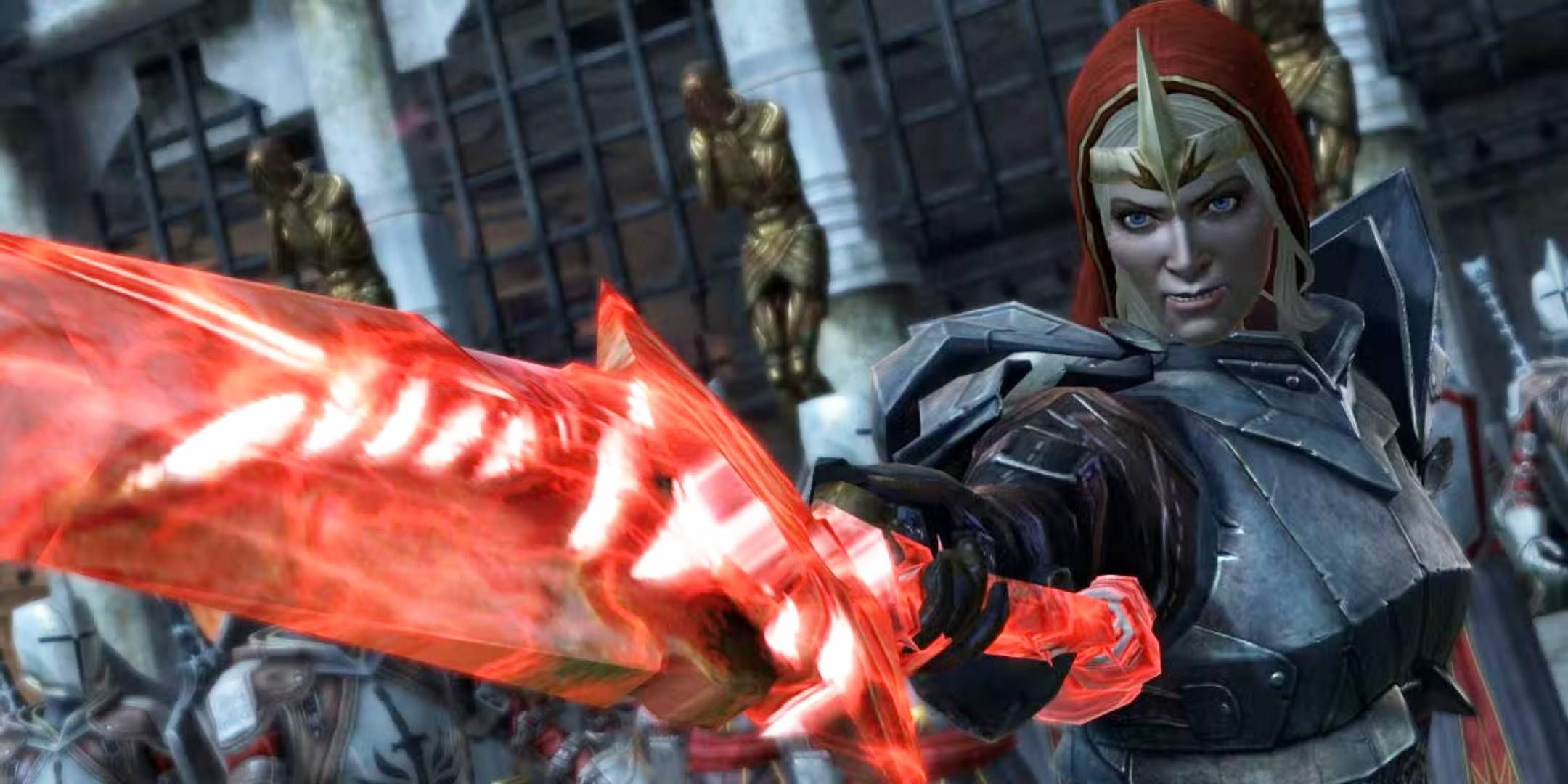 Knight Commander Meredith threatening with the red lyrium sword in Dragon Age 2.