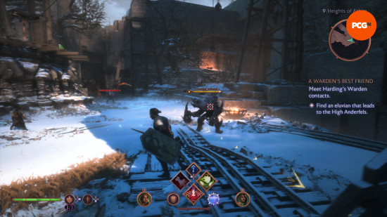 A man holding a shield, surrounded by monsters on a snowy railroad, from Dragon Age: The Veilguard.