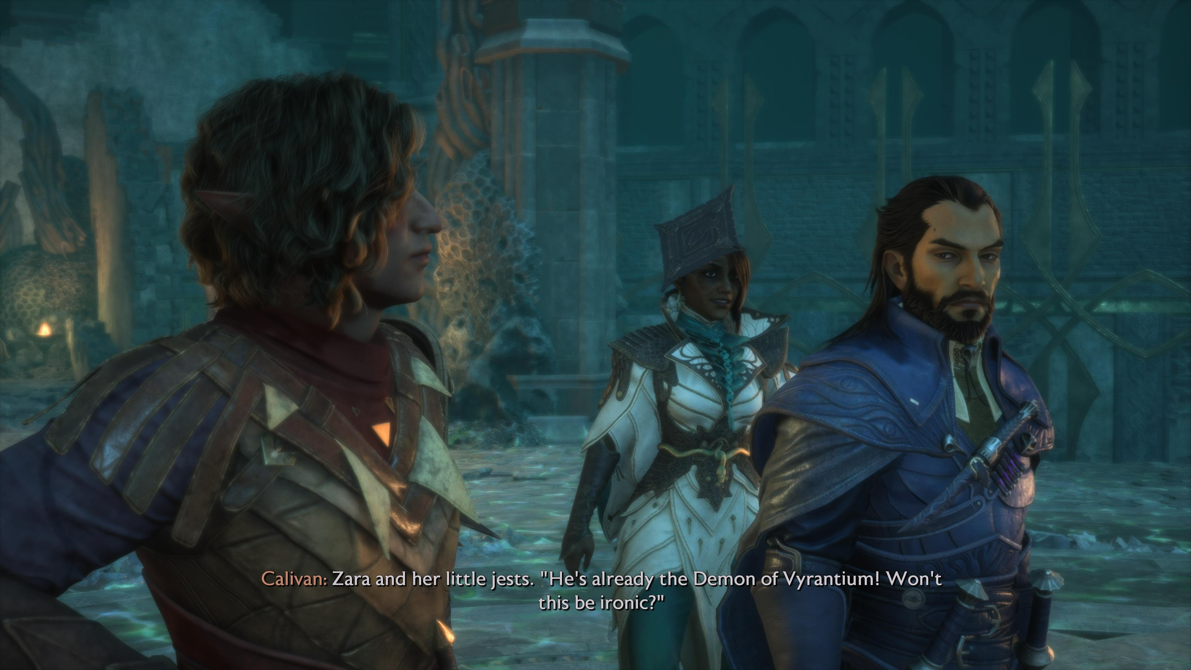 Dragon Age: The Veilguard cutscene that takes place after you free Lucanis from his prison, with the warden mocking him for being possessed by a demon