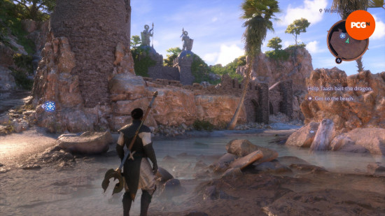 Dragon Age The Veilguard review: A man, seen from behind, looking at a stone fortress with palm trees and water nearby, from Dragon Age: The Veilguard.