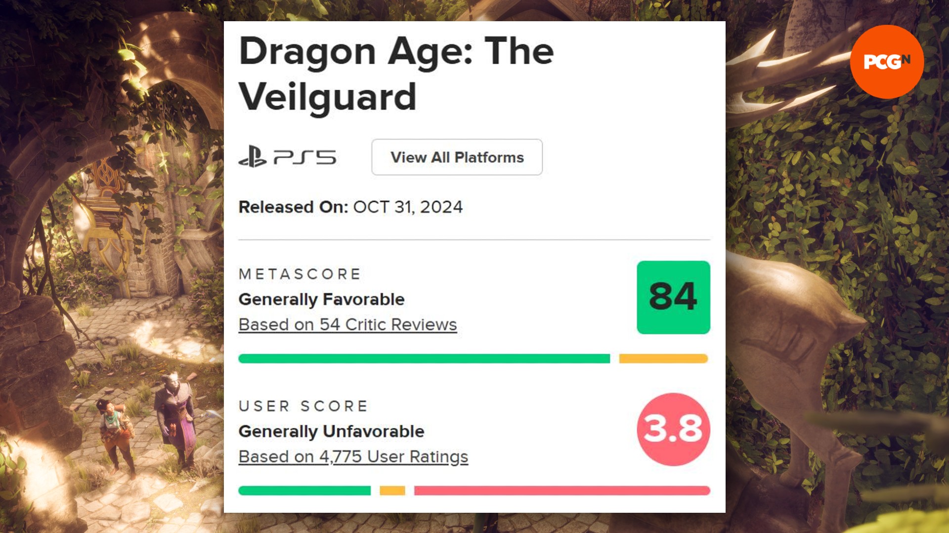 An image of the Dragon Age The Veilguard reviews on Metacritic