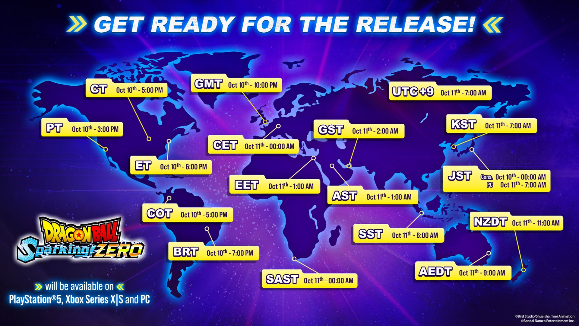 The release times for Dragon Ball Sparking Zero as depicted on a global map.