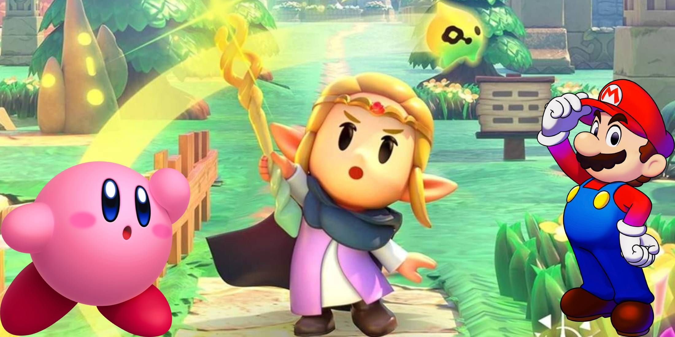 Zelda from The Legend of Zelda: Echoes of Wisdom with Kirby and Mario