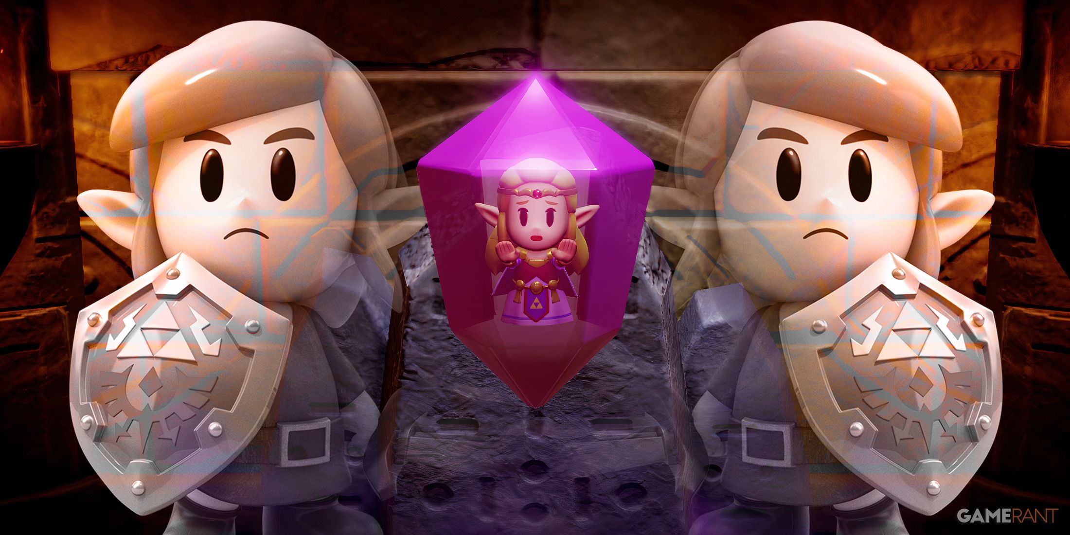 Echoes of Wisdom Zelda trapped in a crystal with Link's around her