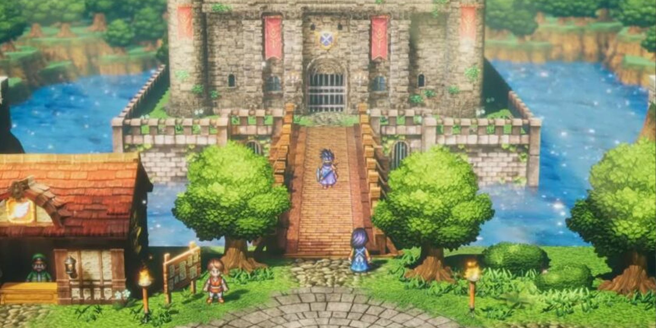 Dragon Quest 3 HD-2D remaster showing characters walking along a bridge across a moat to a castle