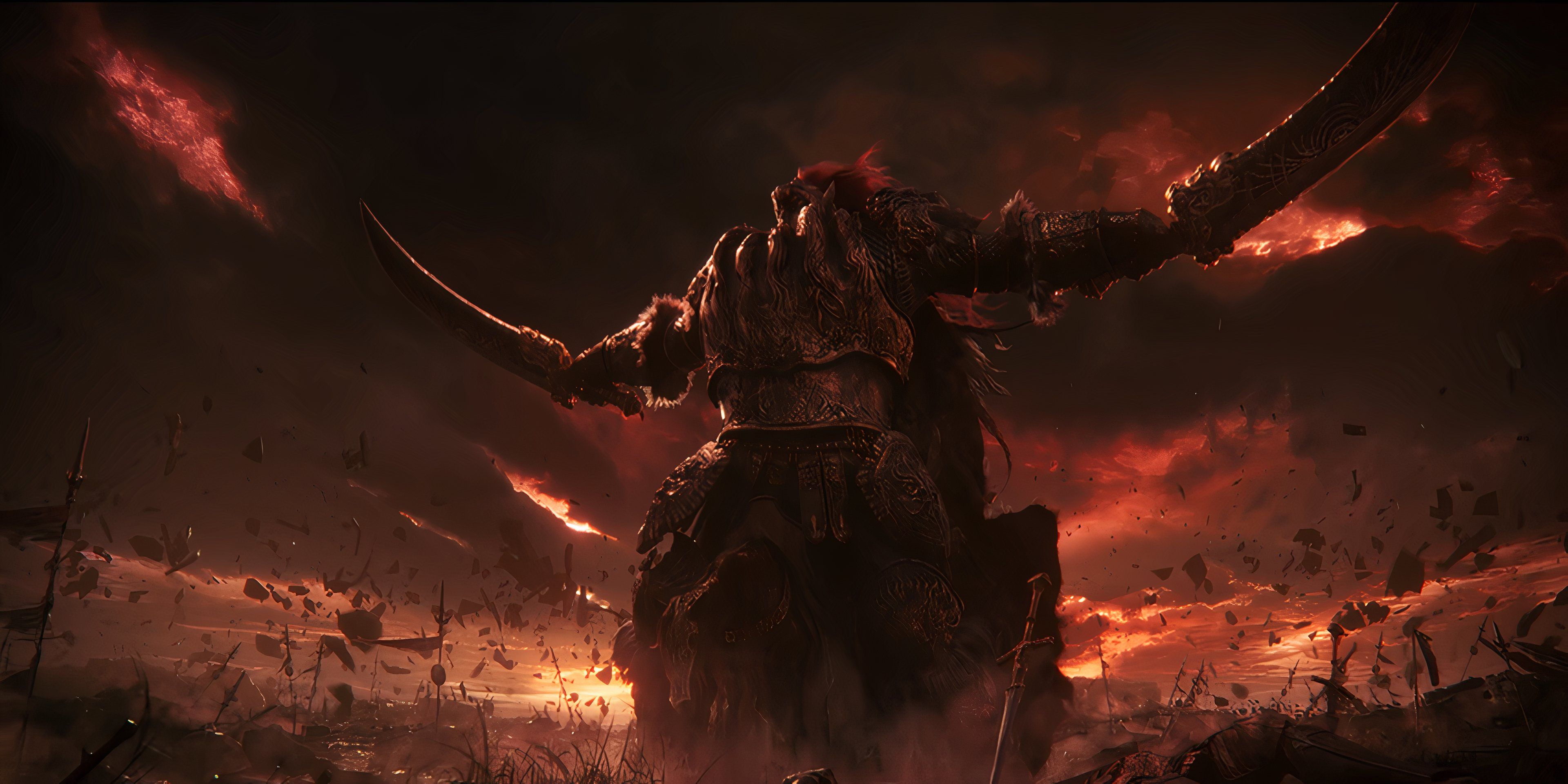 General Radahn raising his two swords on the battlefield in Elden Ring