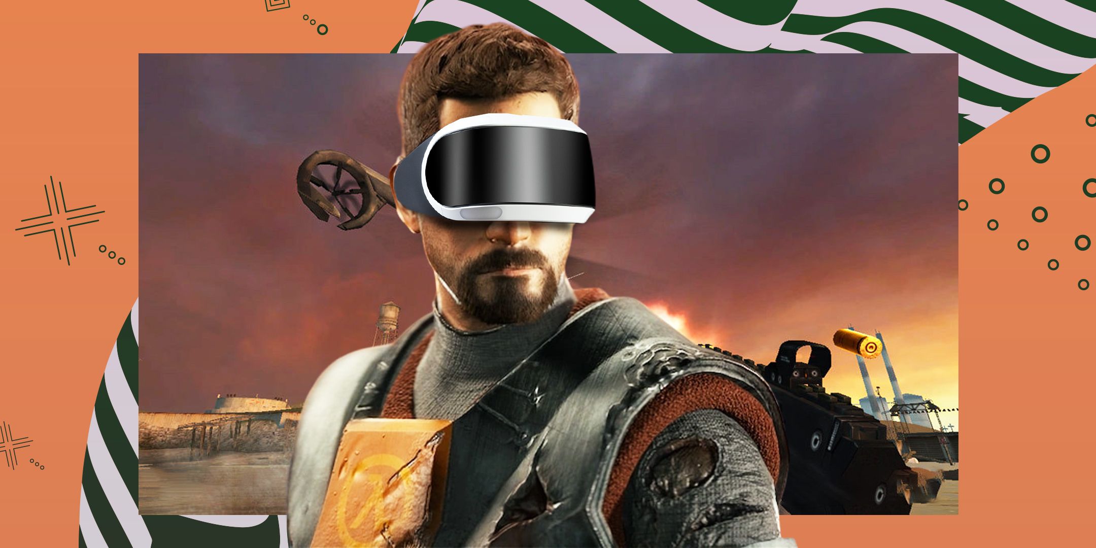 Gordon Freeman wearing a VR headset, with a level from Half-Life 2 in the background