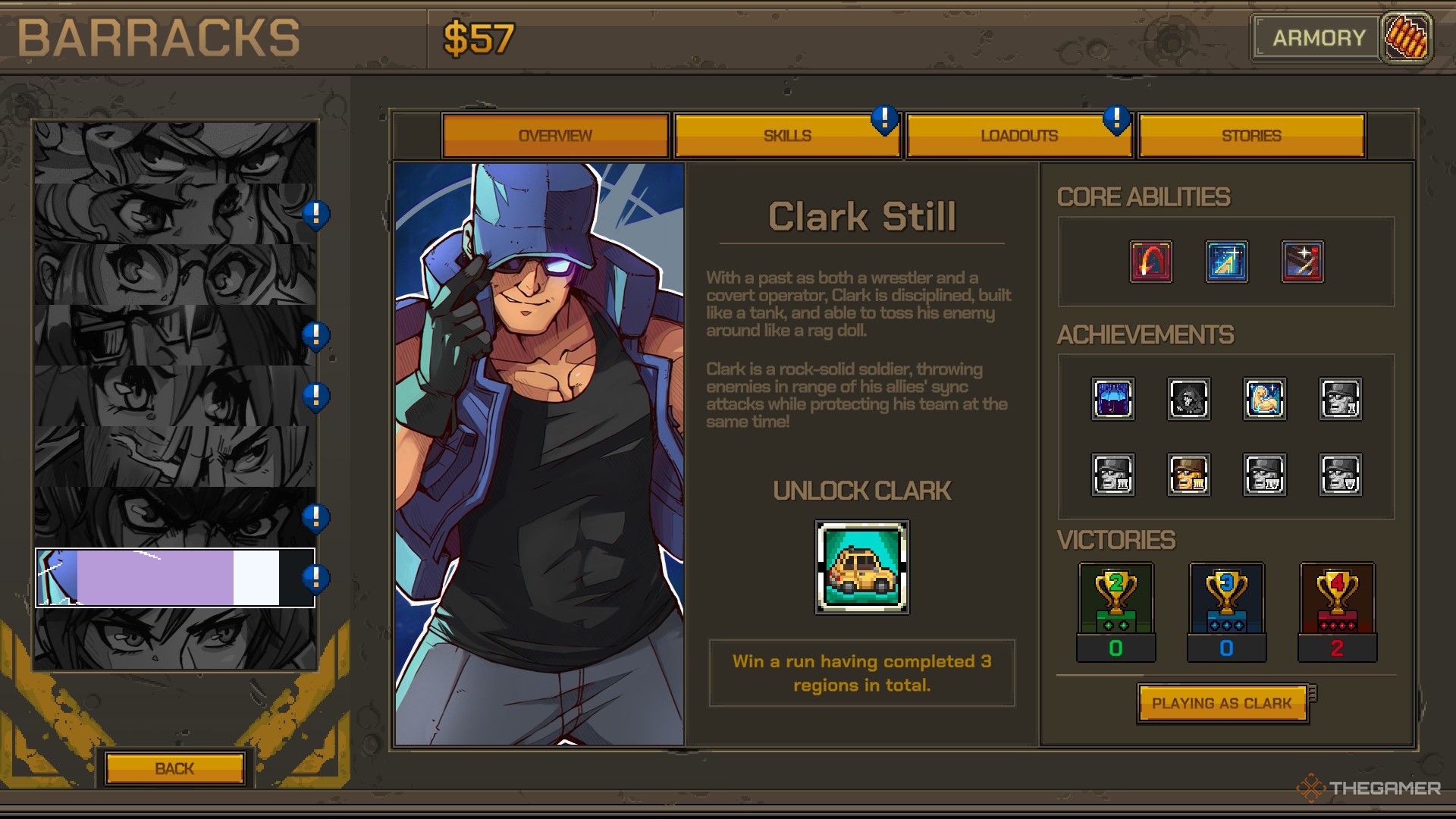 Clark's character overview page in Metal Slug Tactics.