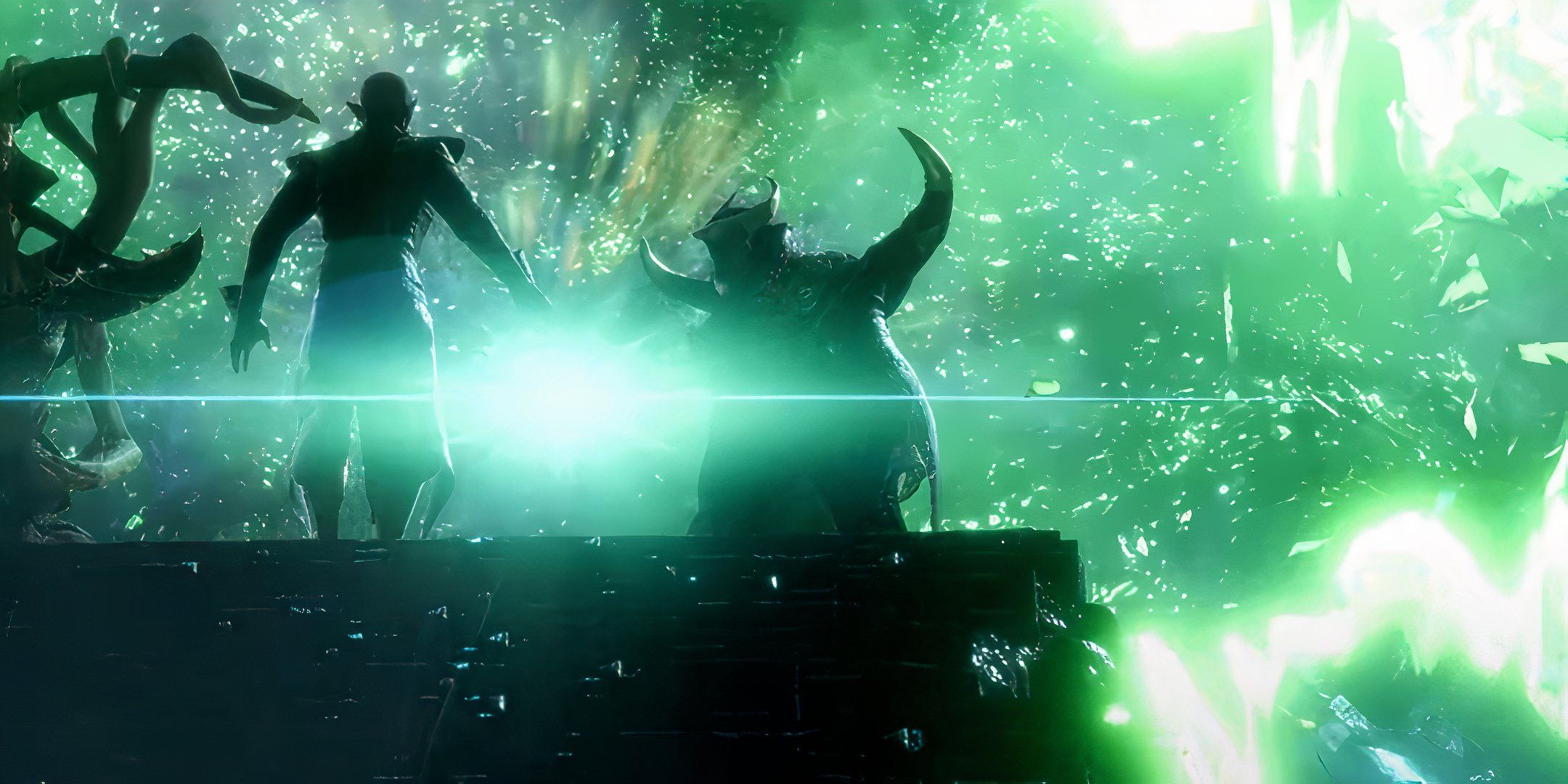 Three figures standing near a portal in Dragon Age: The Veilguard. One is Solas, two are unknown