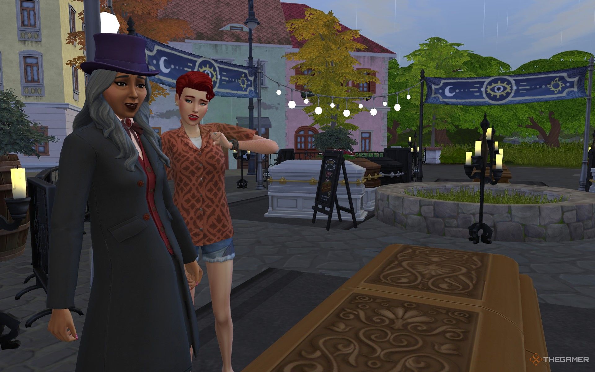 A Sim striking a deal with a mortician for a casket in the Try Before You Buy event in The Sims 4 Life and Death.