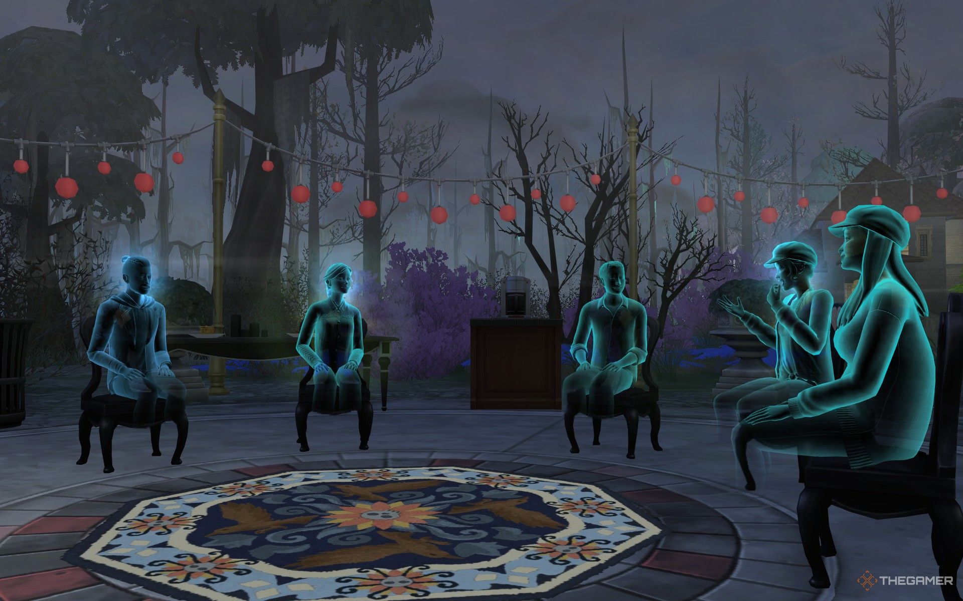 Several ghosts seated in a half-circle at Afterlife Anonymous in The Sims 4 Life and Death.