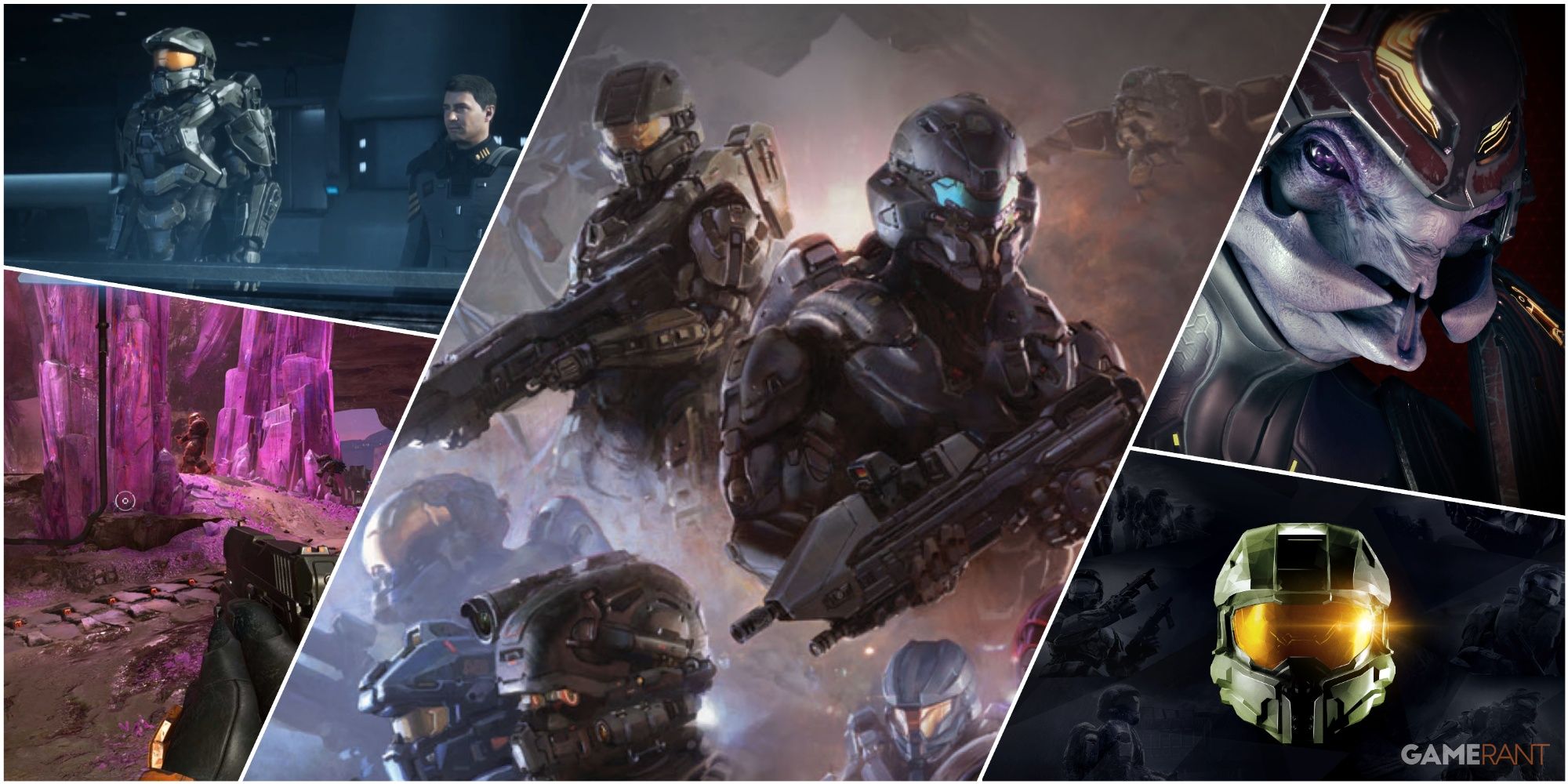 A Collage Of Key Art & Stills From Halo 4, Halo 5 Guardians, Halo Infinite, & The Master Chief Collection