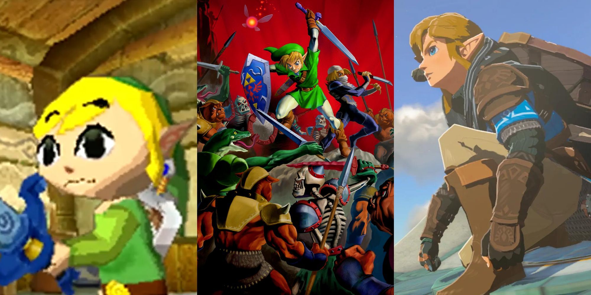 A compilation of 3 ambitious Legend of Zelda games: Phantom Hourglass, Ocarina of Time and Tears of the Kingdom.