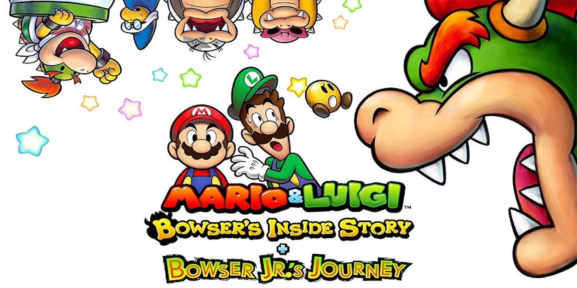 Mario, Luigi, Starlow, Bowser, Bowser Jr., Kamek, Morton, and Roy on a white background from Mario & Luigi: Bowser's Inside Story + Bowser Jr.'s Journey.