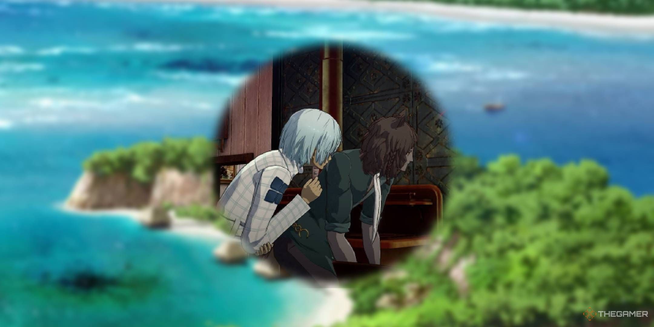 Protagonist and Basilio cooking together in Metaphor ReFantazio with blurred Neuras postcard background.