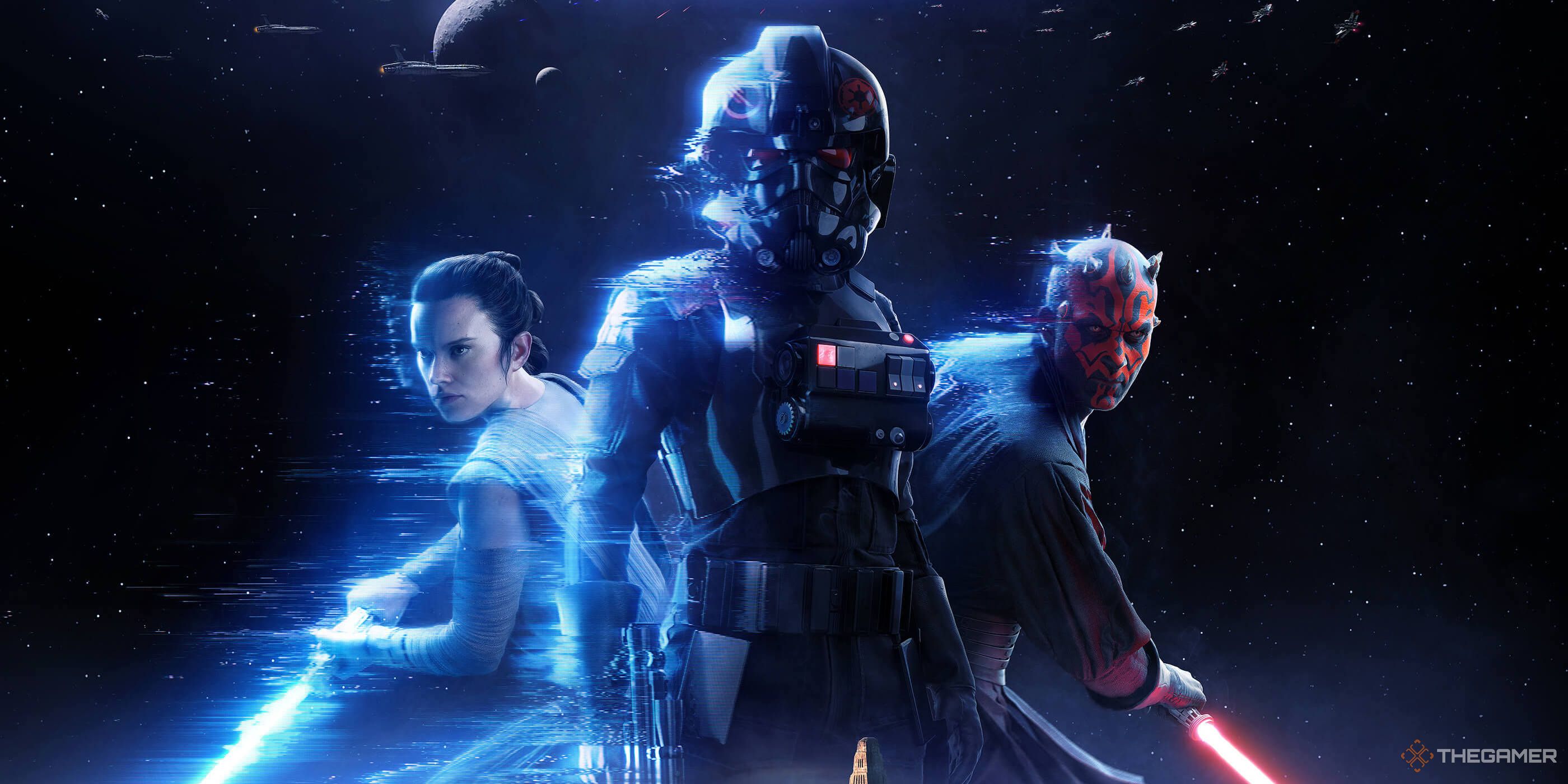 Rey, Iden Versio, and Darth Maul standing in space in Star Wars Battlefront 2.