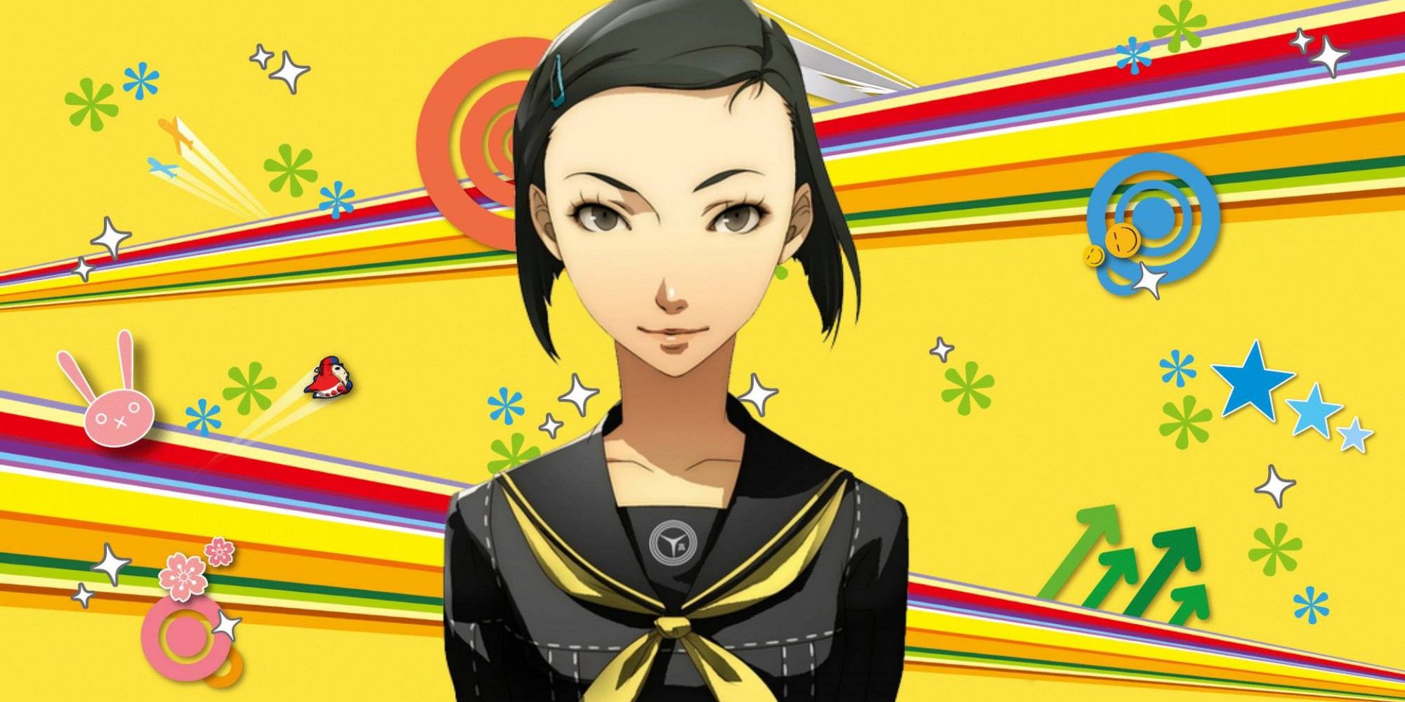 Yumi Ozawa from Persona 4 Golden, against a yellow background.