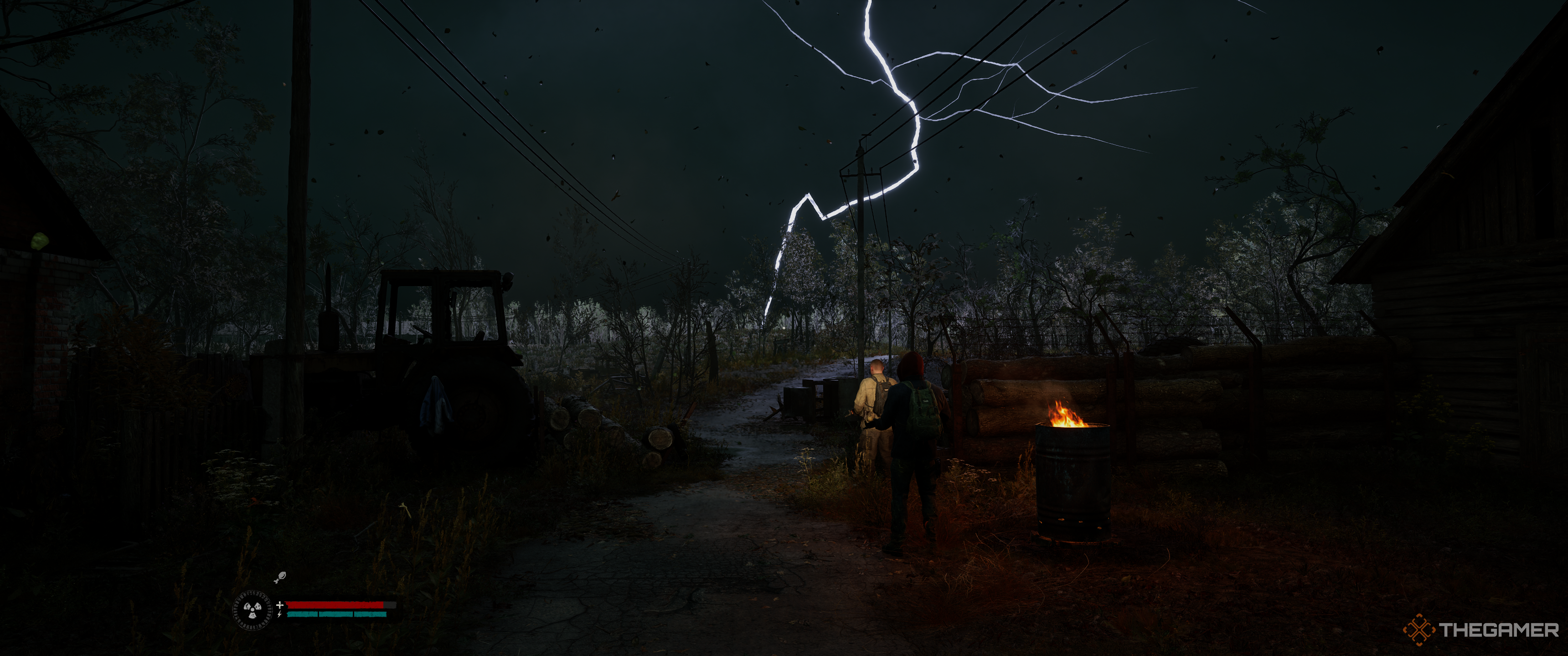 2 armed men stand and watch lightning in Stalker 2: Heart of Chornobyl.