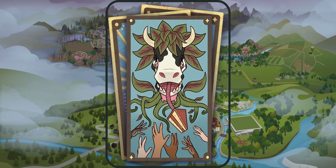 A tarot card showing a cowplant offering cake to several Sims.