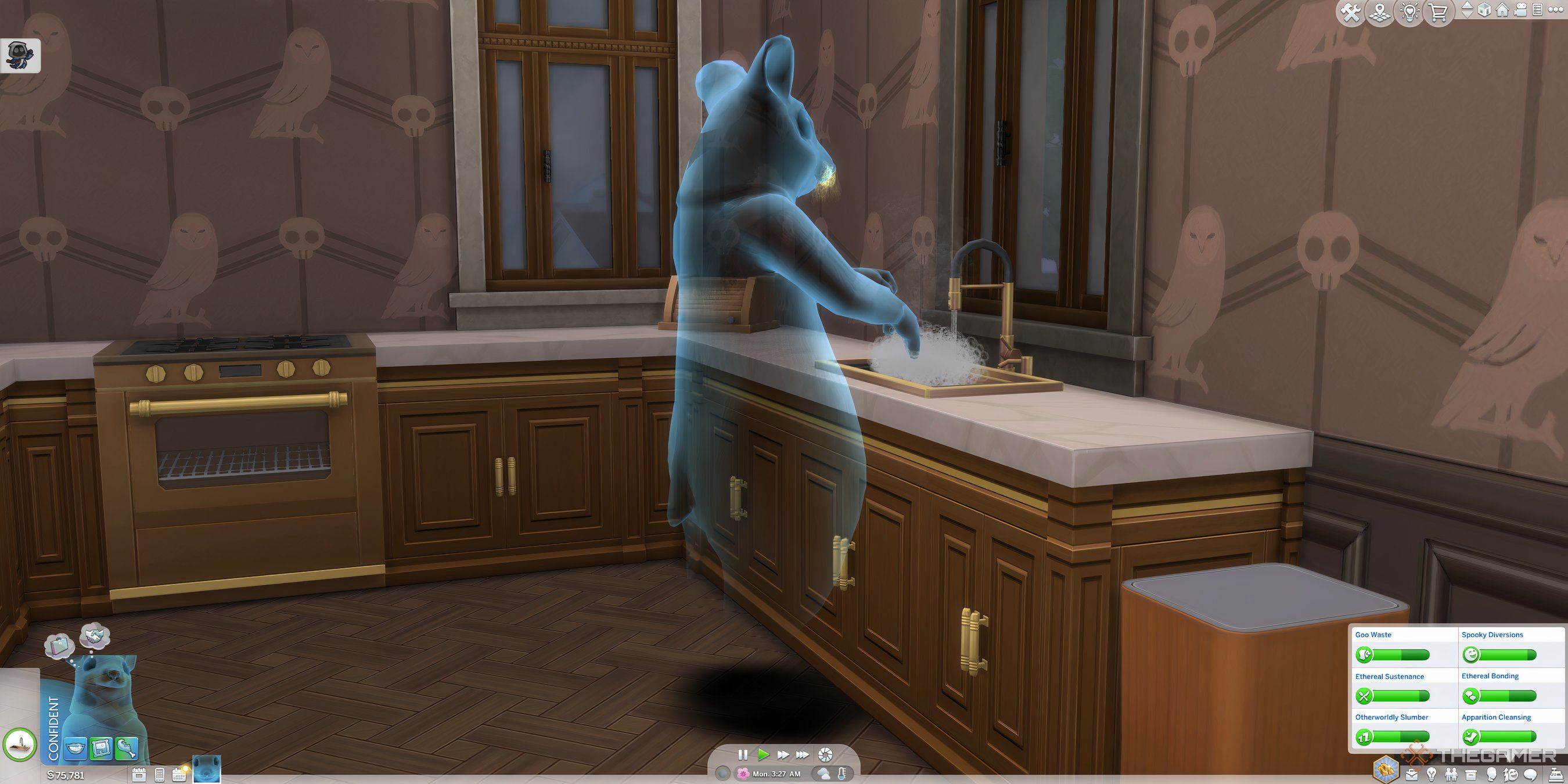 The Sims 4 Rabid Rodent Fever Ghost doing the washing up