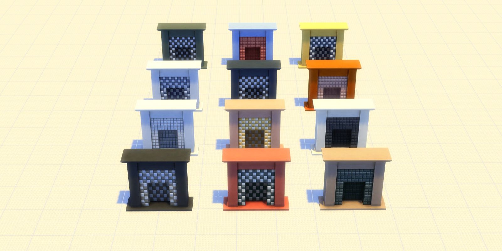 Image of all the fireplaces from the Cozy Kitsch Kit from The Sims 4.