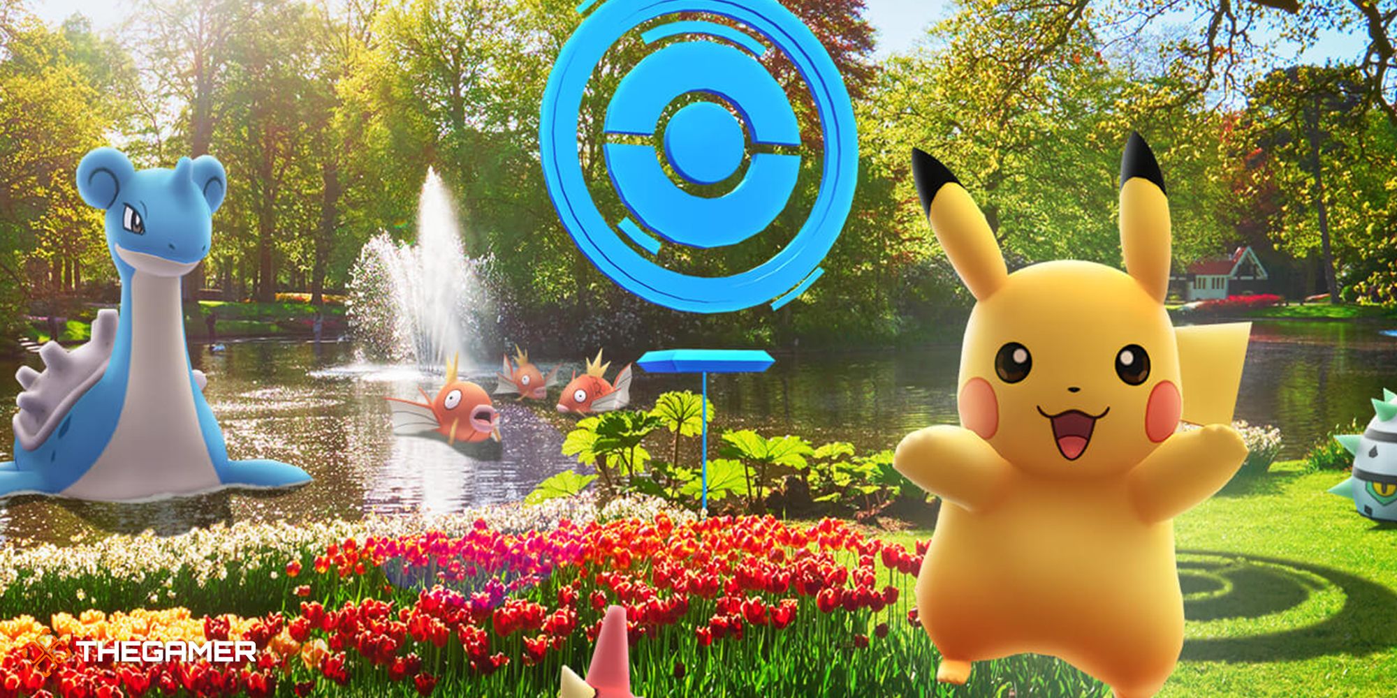 Image of a PokeStop with Pikachu, Lapras, and Magikarp around it.