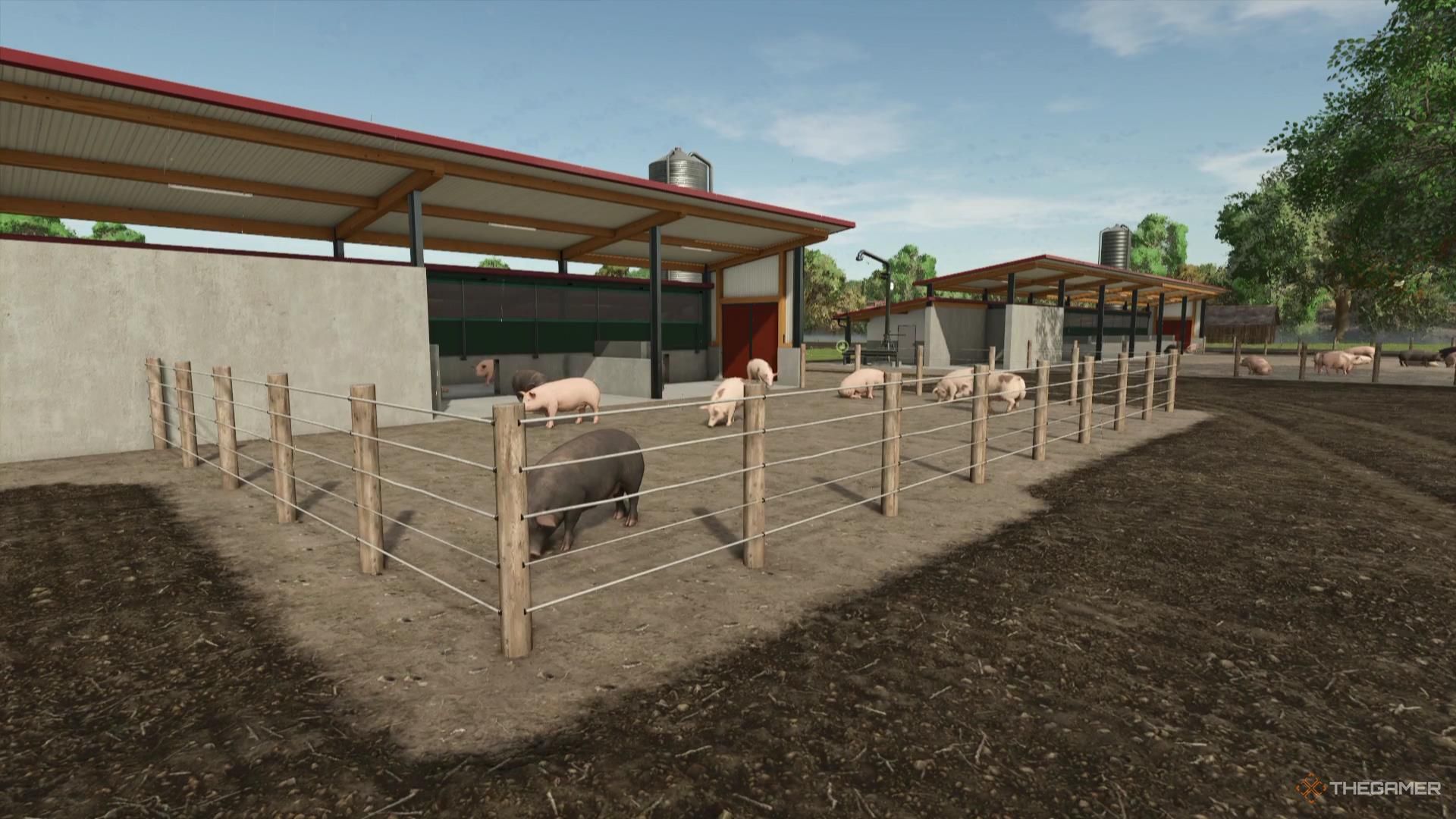 Pigs living in their pigsty in Farming Simulator 25.