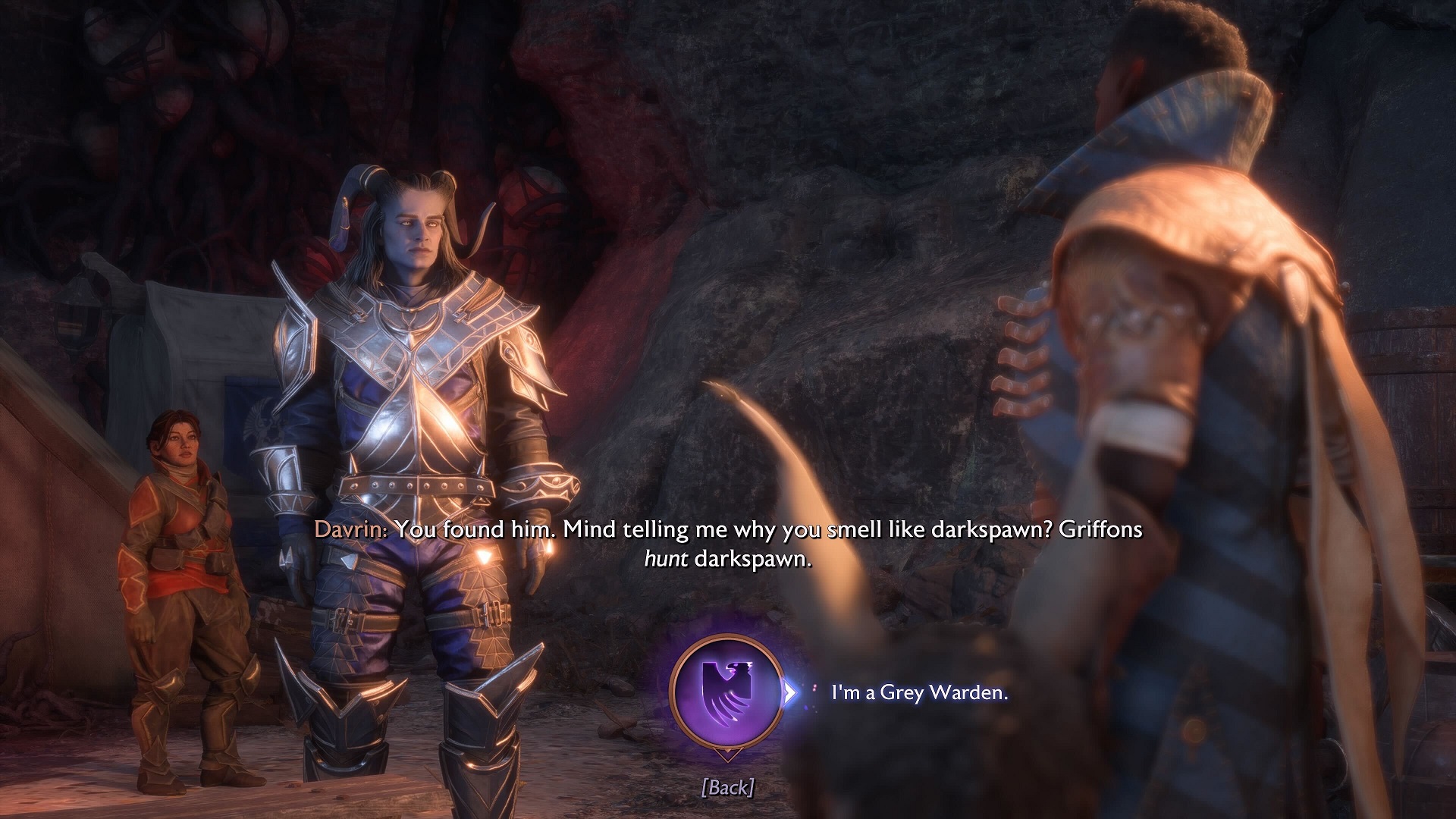 Dragon Age: The Veilgaurd screenshot of Qunari Rook meeting Davrin with a dialogue option that says Rook is a Grey Warden