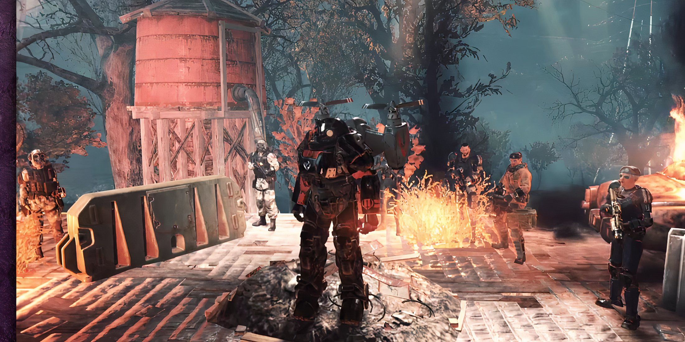 A Player Wearing A Power Armor Surrounded By NPCs