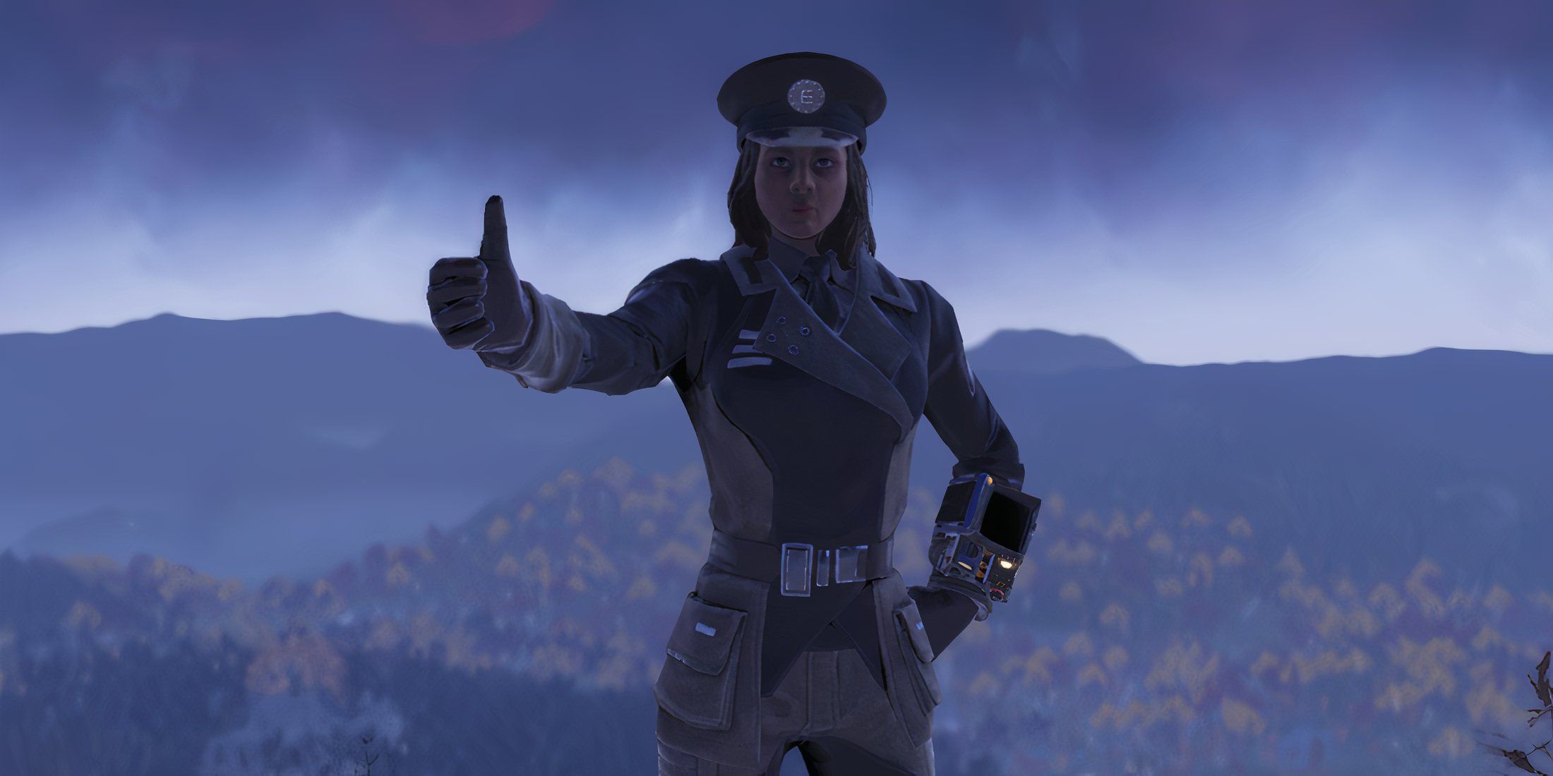 Fallout 76 Player wearing Enclave General Outfit doing Vault Boy Thumbs Up Pose