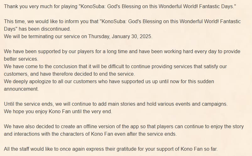 KonoSuba Fantastic Days Japan shut down announcement