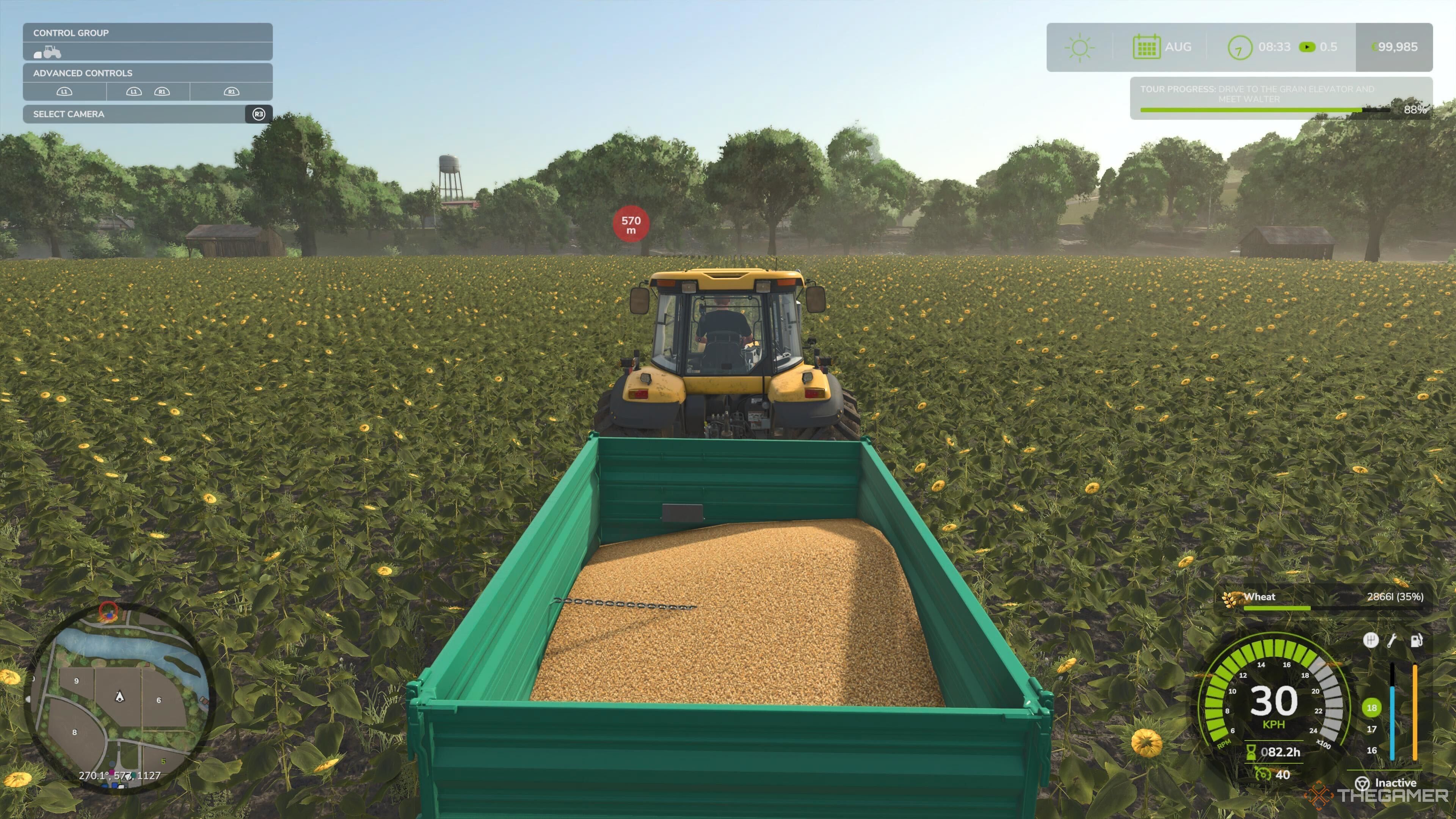 A tractor carrying a trailer filled with wheat in Farming Simulator 25