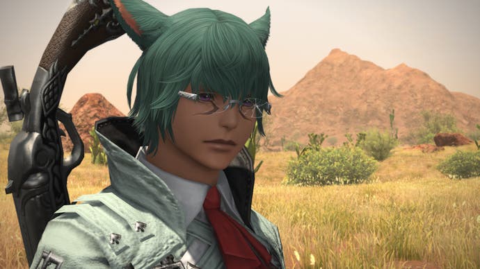 a character with green hair and broken glasses in final fantasy 14