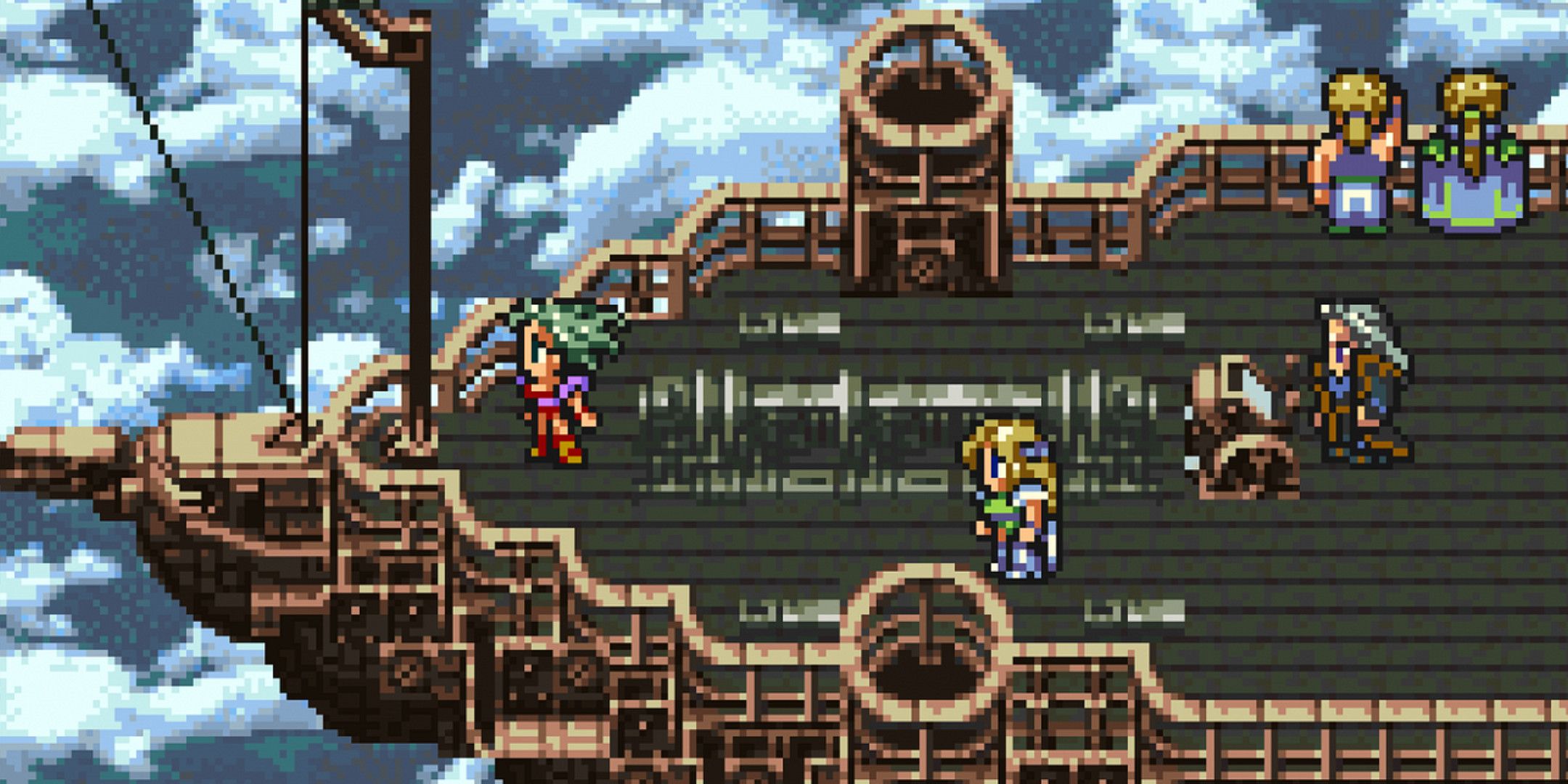 terra and other Final Fantasy 6 characters on the deck of an airship