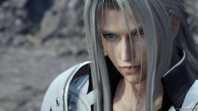 Final Fantasy 7 Rebirth screenshot showing close up of Sephiroth with long silver hair over his face