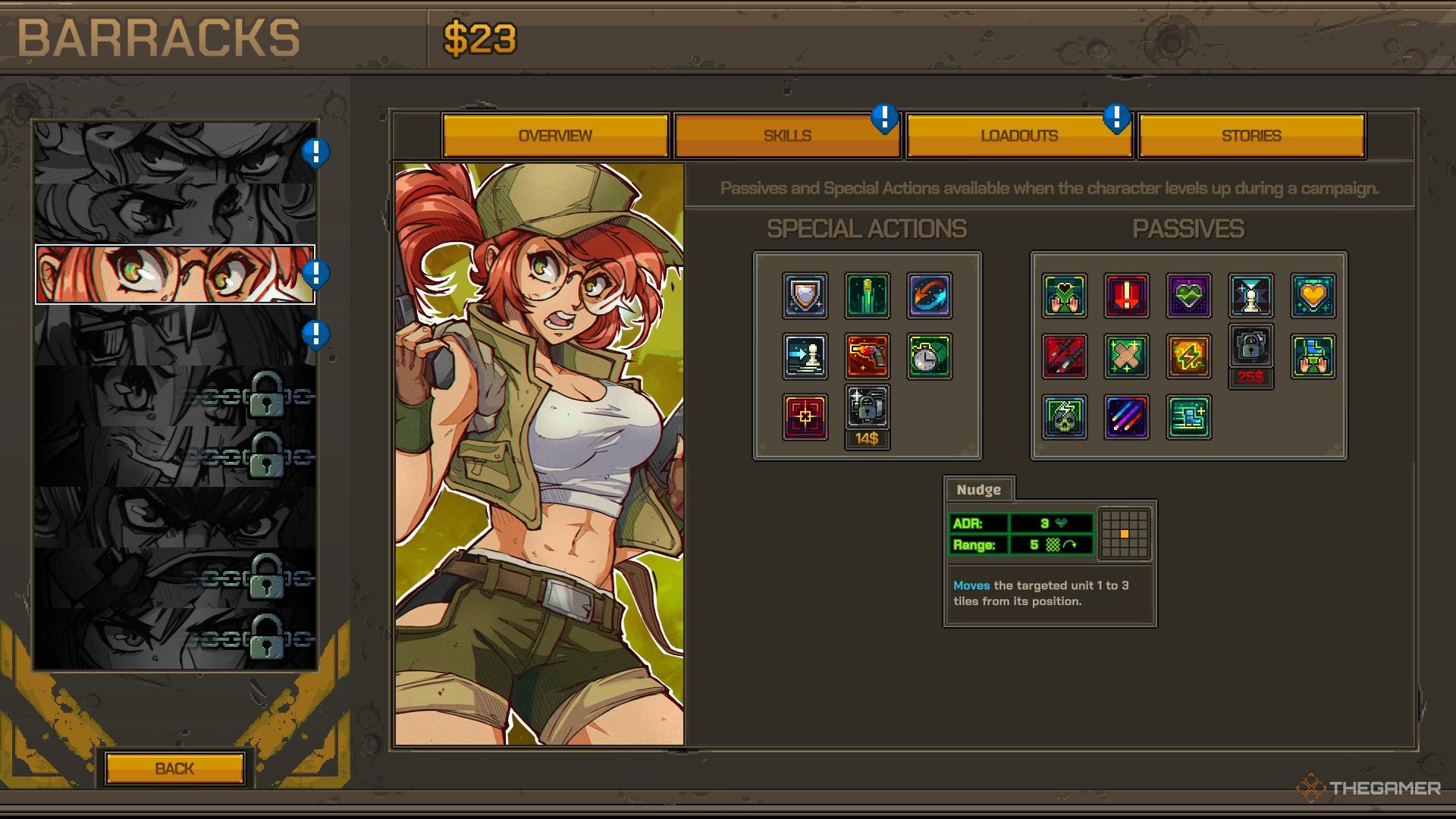 fio's ability screen with nudge highlighted in metal slug tactics.