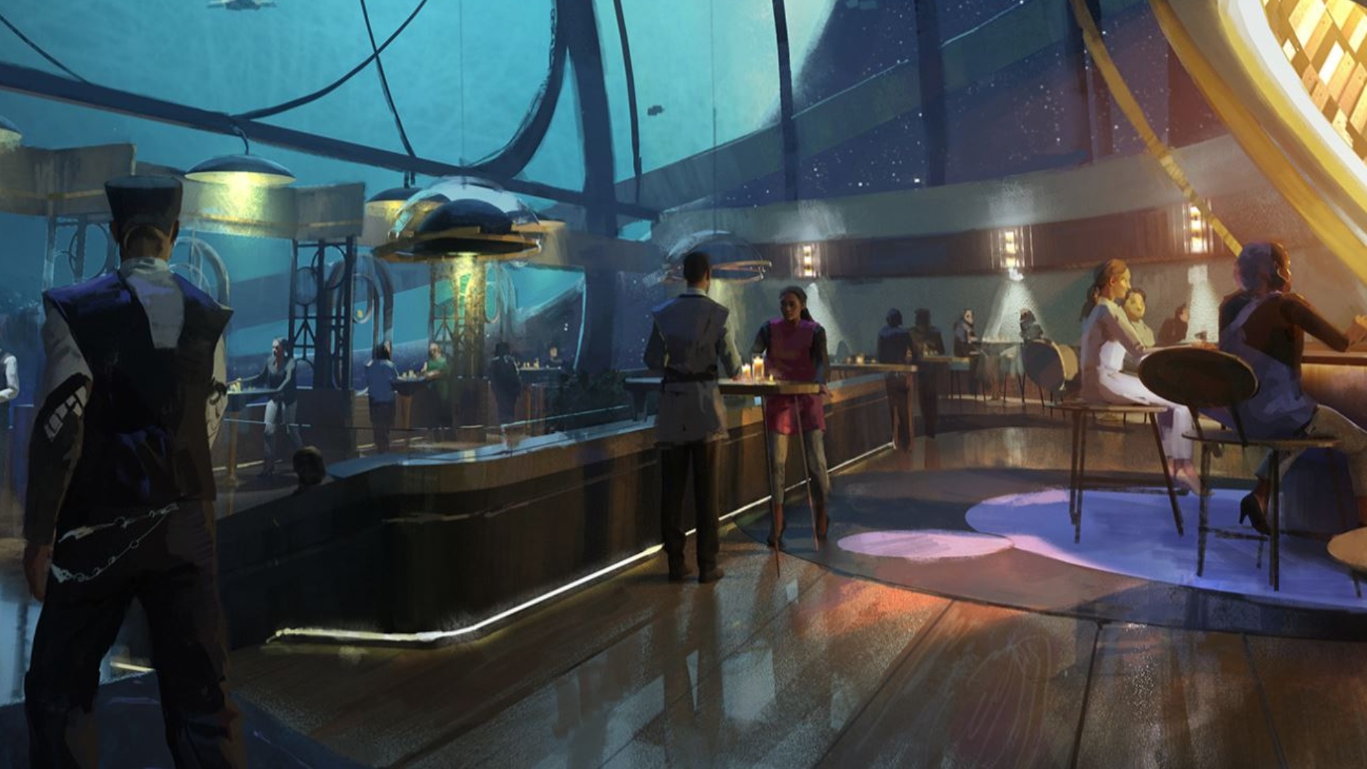 Humanoid origin: Concept art showing people in a futuristic bar