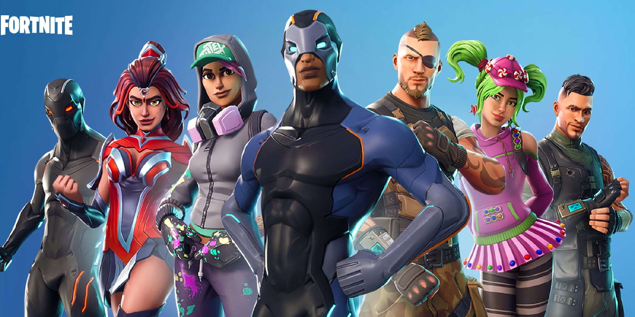 A promo visual for Fortnite showing multiple different skins.