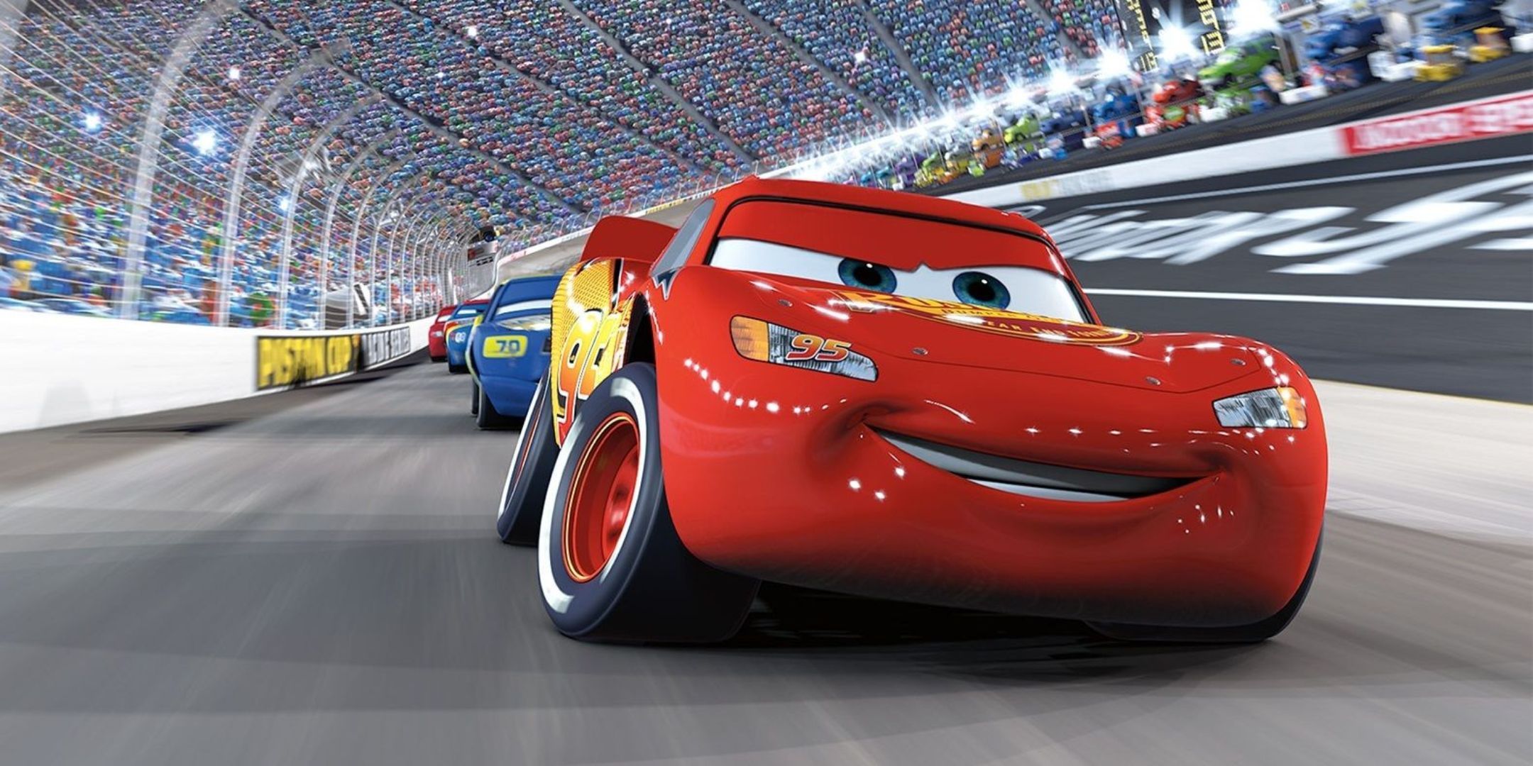 Lightning McQueen racing in Pixar's Cars movie.