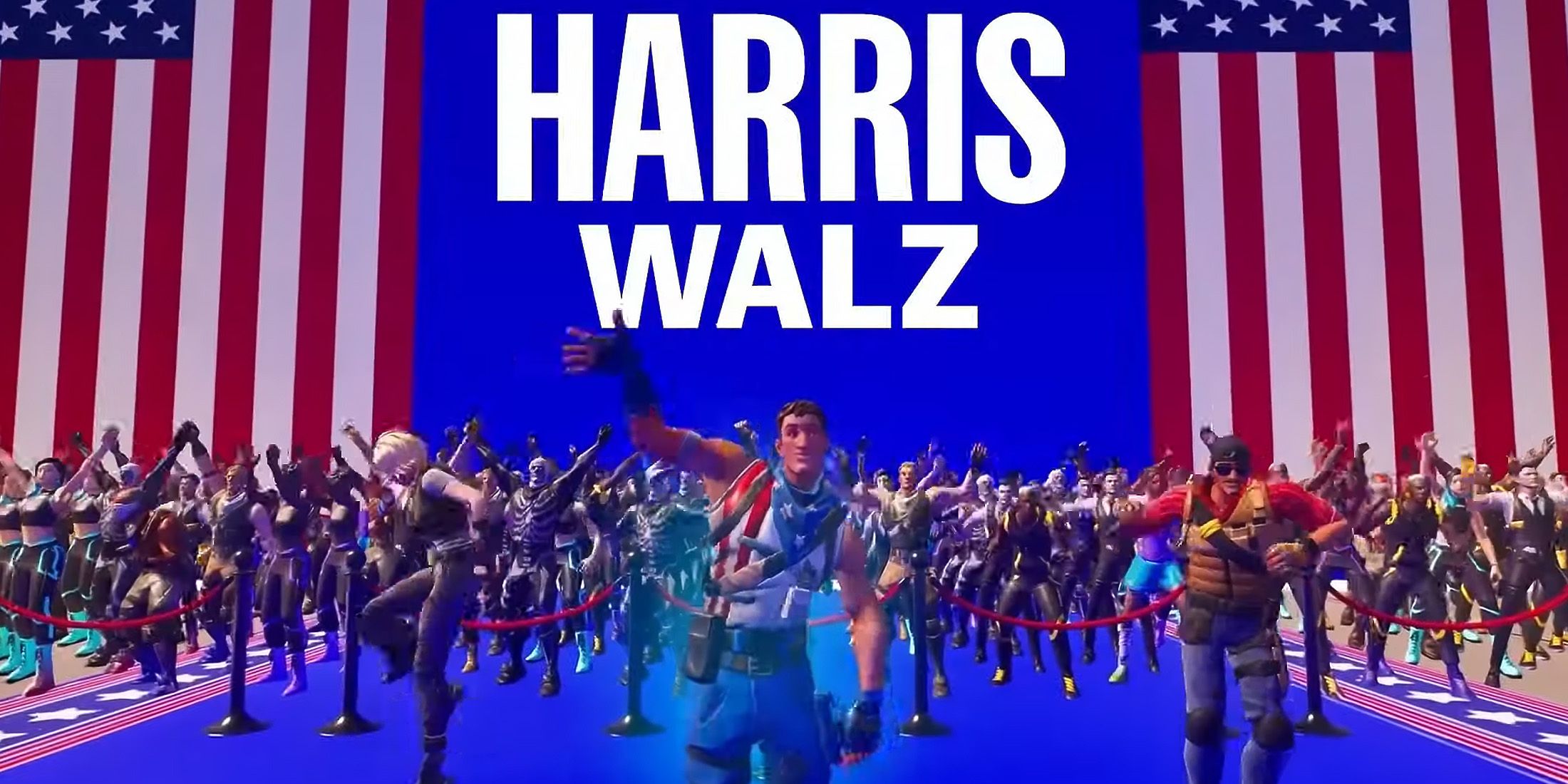 Kamala Harris Tim Walz Fortnite Map Trailer still waving in front of US flag.mp4