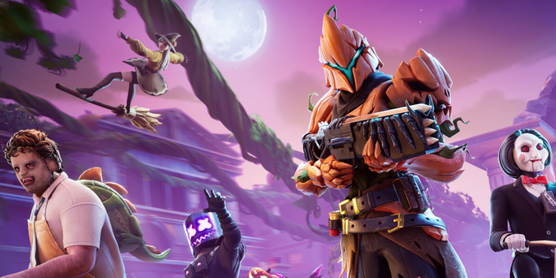 A group of spooky Fortnite characters standing and holding weapons.